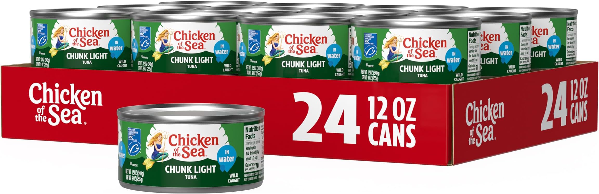 Chicken of the Sea Wild Caught Chunk Light Tuna, 12 Ounce Cans, 24-Count – High Protein 100% Classic Chunk Tuna in Water – Delicious, Easy, Nutritious Ready to Eat Meals