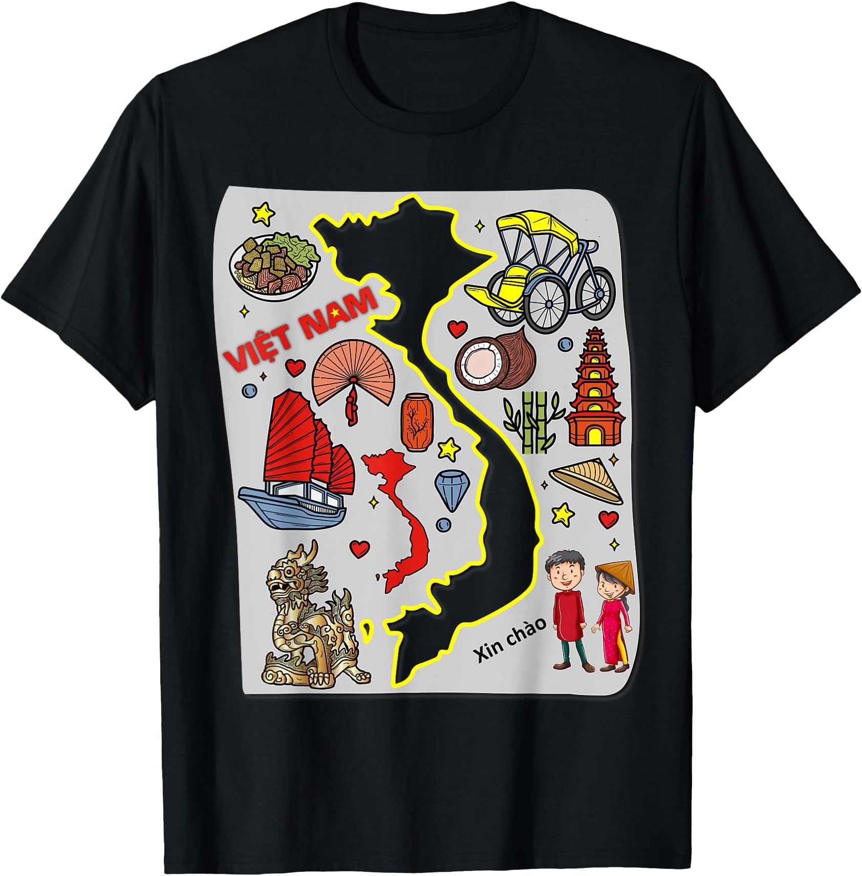 Vietnam Map with Traditional Vietnamese Cultural Symbols T-Shirt