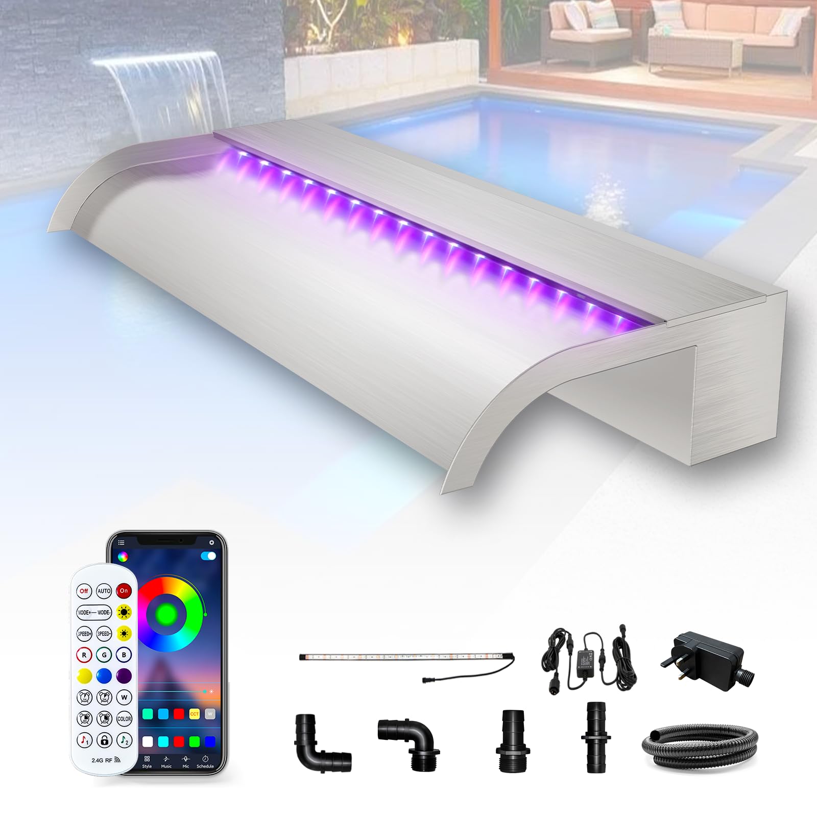 Photo 1 of LONGRUN 60cm Pond Waterfall Blade,Stainless Steel Curvd Pool Fountain with RGB Bluetooth LED Light, Complete Waterfall & Stream Kits for Outdoor Water Features