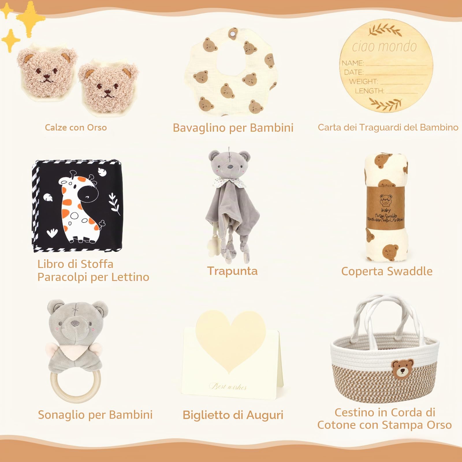 Topsky Regalo neonato, set regalo per ragazzi e ragazze, libro sensoriale, coperta, calzini fasciatoio, sonaglio, bavaglini, biglietti miliari, regalo per nascita, baby shower