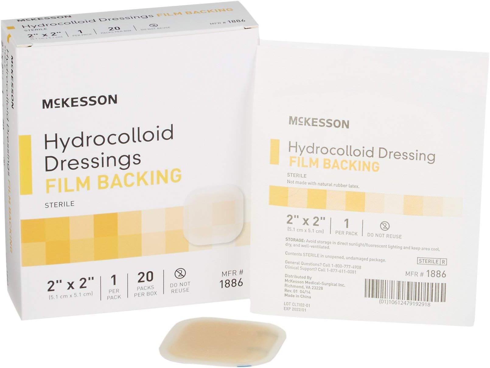 McKesson 1886 Hydrocolloid Dressing, Film Backing, Sterile, 2" Width, 2" Length (Pack of 20)