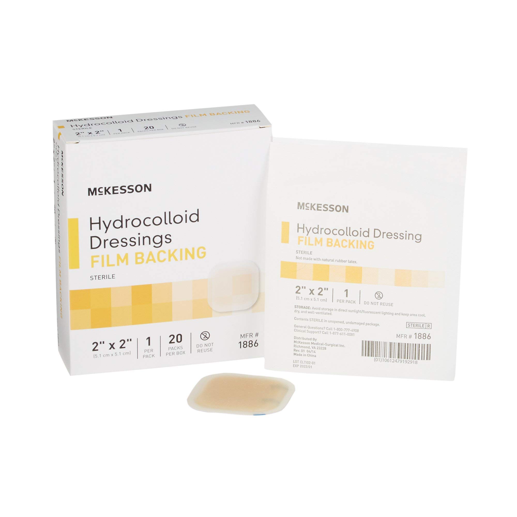 McKesson 1886 Hydrocolloid Dressing, Film Backing, Sterile, 2" Width, 2" Length (Pack of 20)