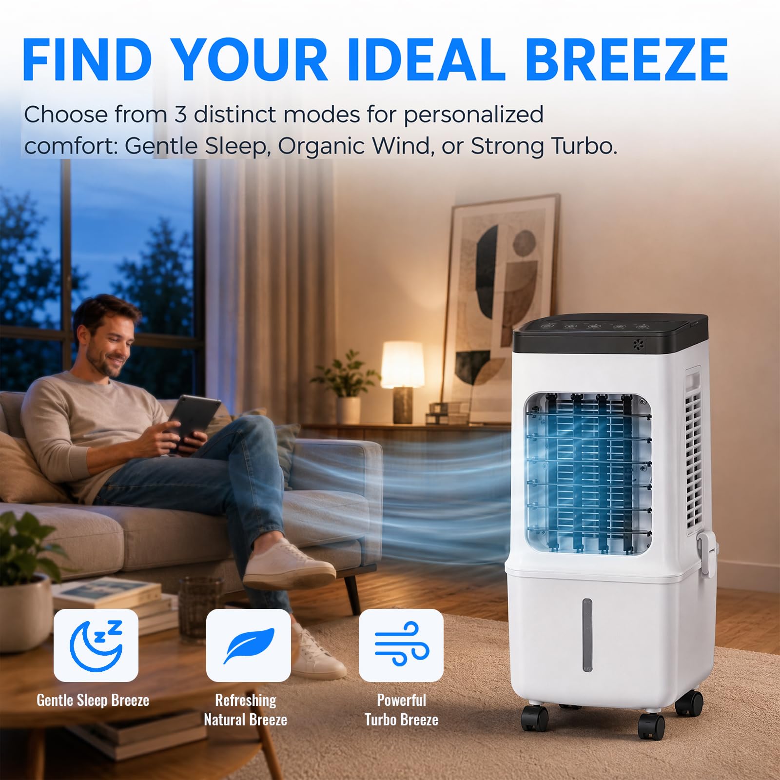 Leise Mobile Klimaanlage 12L Wassertank, Luftkühler mit Schlafmodus & 7H Timer, 4-in-1 Verdunstungskühler ohne Schlauch, inkl. 2 Kühlakkus für Schlafzimmer