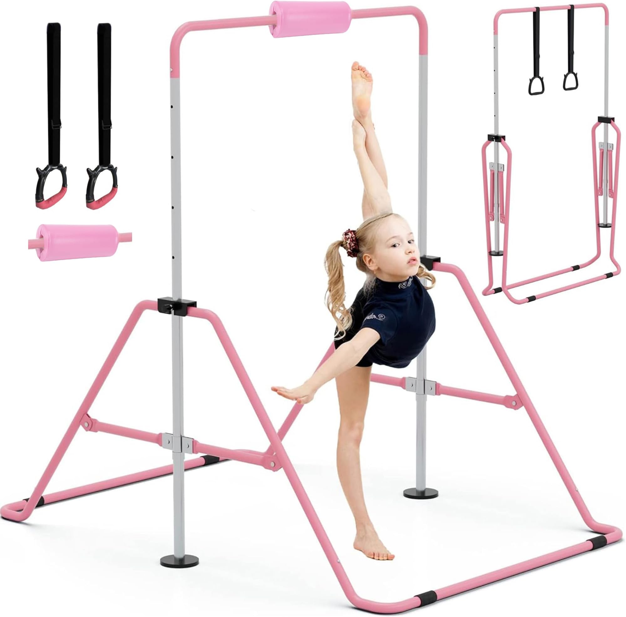GYMMAGE Gymnastics Bars with Bar Pad, Junior Training Kip Bar Gymnastics Equipment for Home Garden, Adjustable Height Gymnastic Folding Horizontal Bar with Gymnastic Rings for Kid Boys Girls