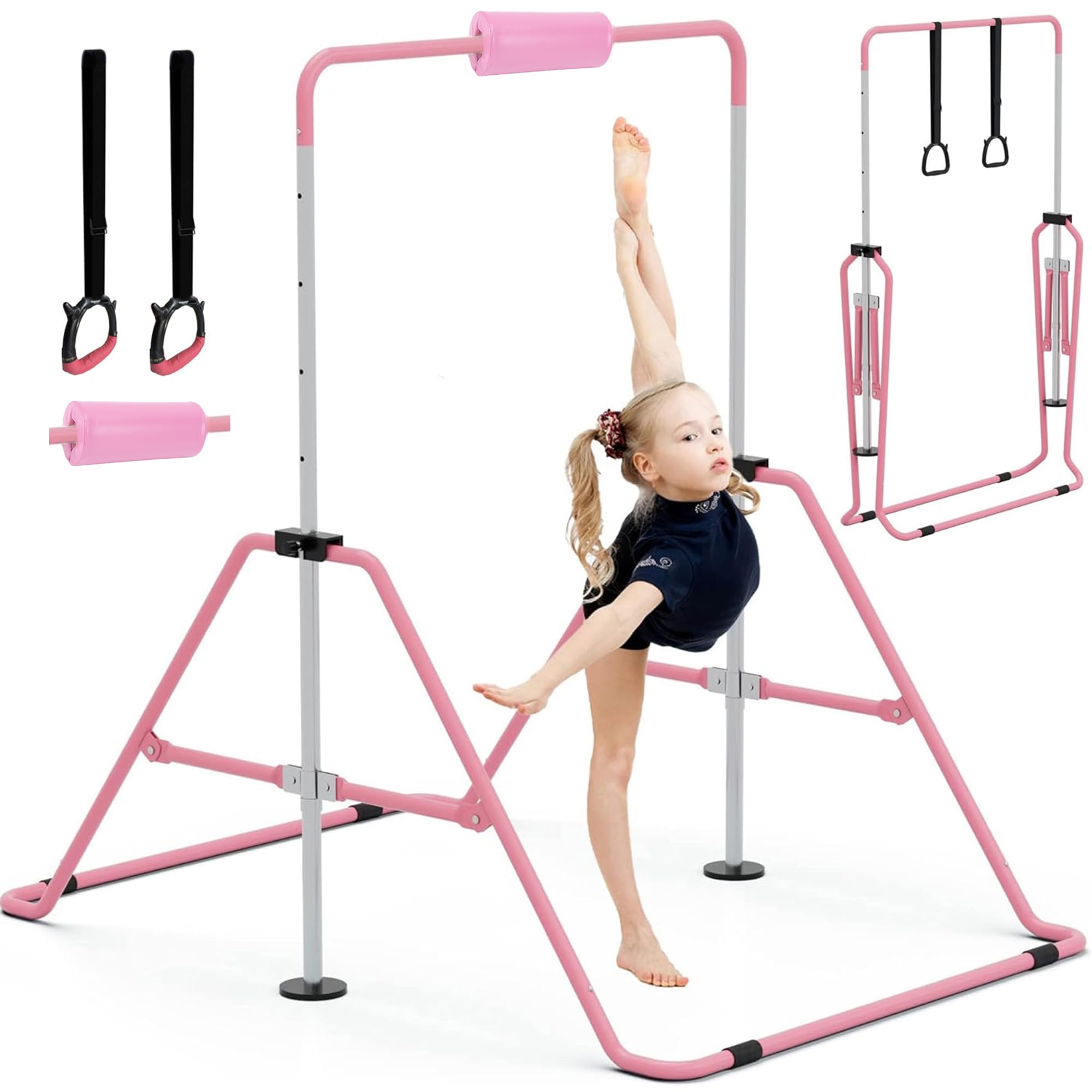 Gymnastics Bars with Bar Pad, Junior Training Kip Bar Gymnastics Equipment for Home Garden, Adjustable Height Gymnastic Folding Horizontal Bar with Gymnastic Rings for Kid Boys Girls