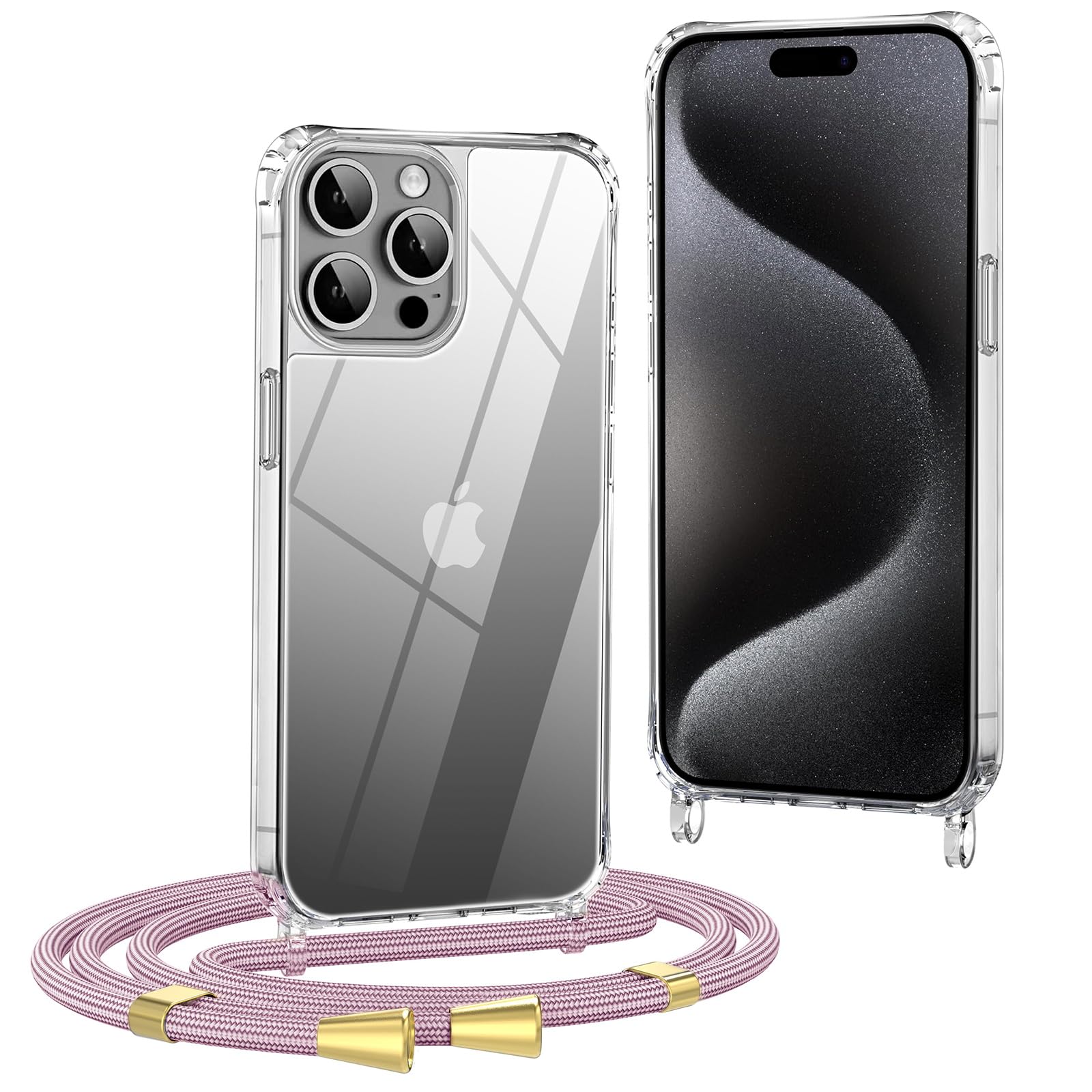 OLEPHY Handykette für iPhone 15 Pro Hülle mit Band, Roségold | Handyhülle mit Verstellbarem und Demontage Umhängeband, Transparent Stoßfeste Hülle zum Umhängen Kordel, (6,1 Zoll)