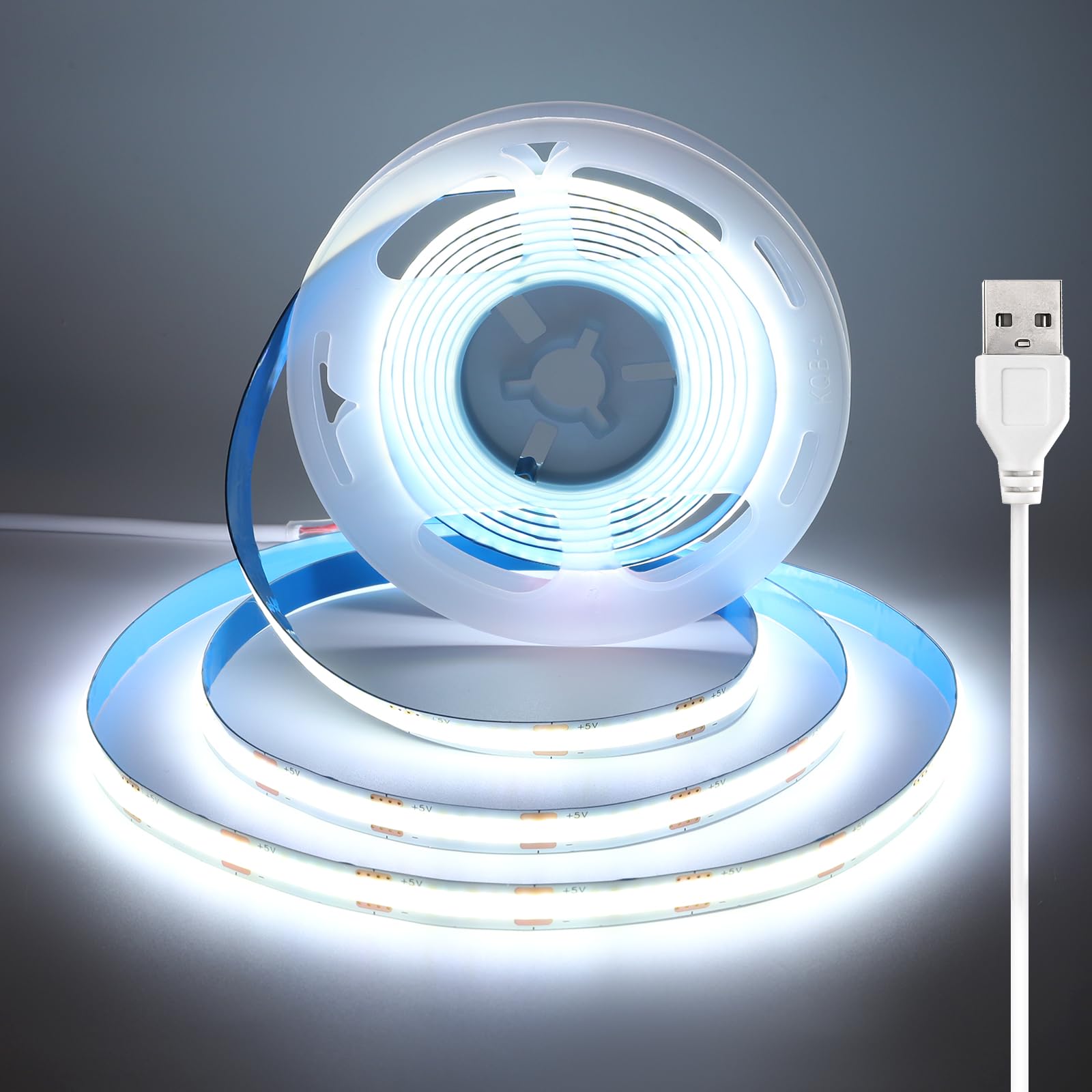 luktix 0.5m USB COB LED Light Strip, 5V Cool White Strip Lights with Sticky Back, 8mm Wide, CRI 92+, Flexible LED Tape for Backlight, Ambient Lighting to TV, Mirror, Under Cabinet, Shelf, 6000k