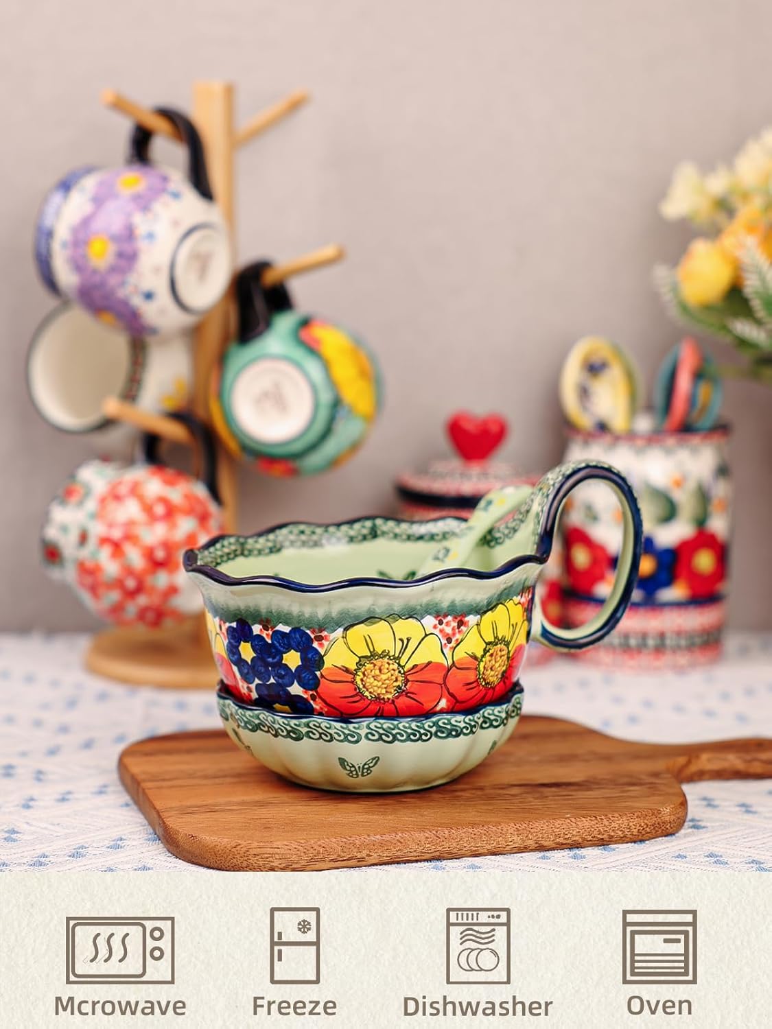 Handmade Ceramic Soup Bowl, Plate and Spoon Set, 30 Oz Hand Painted Bowl Set with Loop Handle, Floral Design Cereal Bowls for Soup, Ice cream, Snack, Microwave & Dishwasher Safe (Glazed Green)