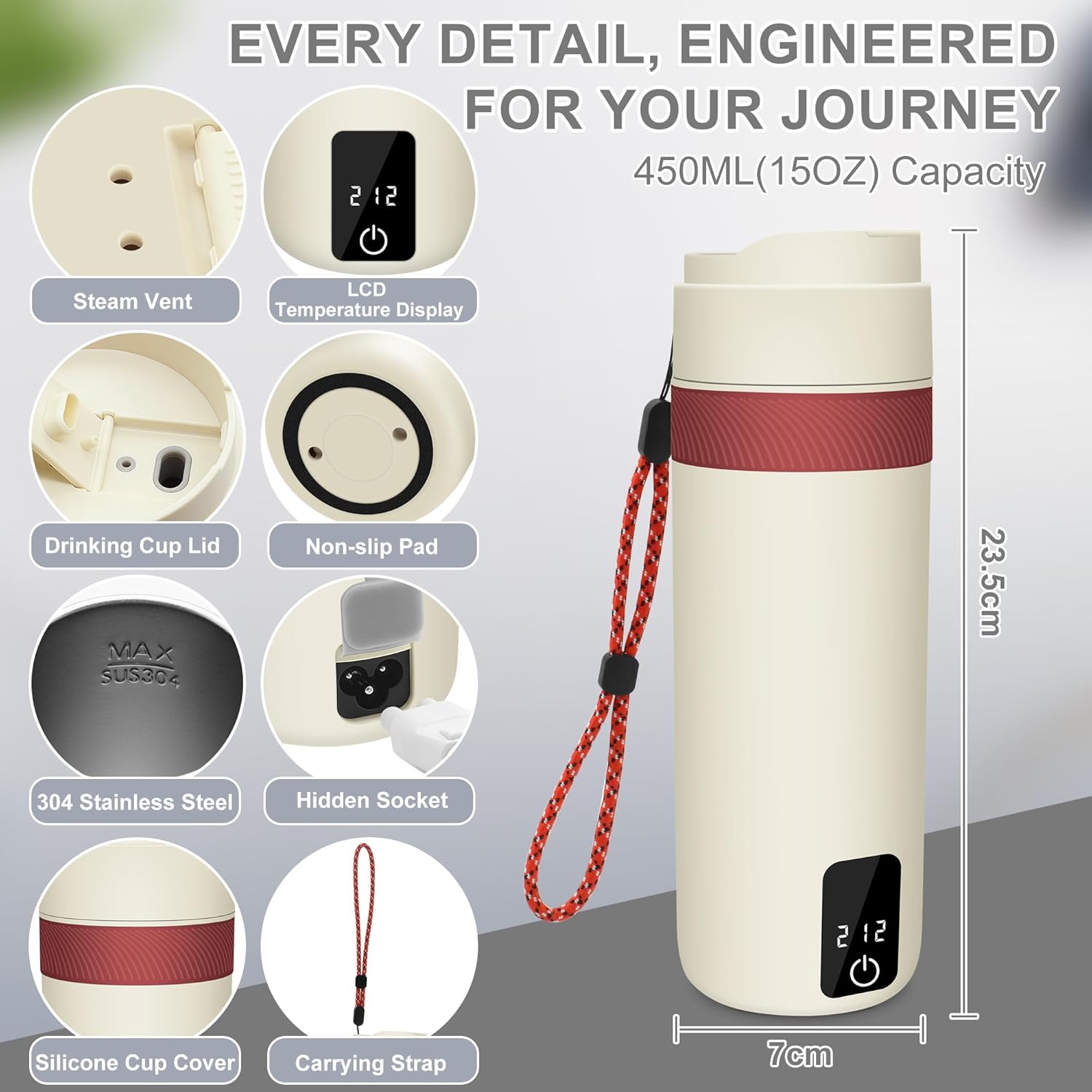Portable Electric Kettle, 450ML Mini Hot Water Boiler Heater, Travel Kettle with 4 Temperature Settings, 304 Stainless Steel Portable Bottle Warmer with Auto Shut-Off & Boil-Dry Protection