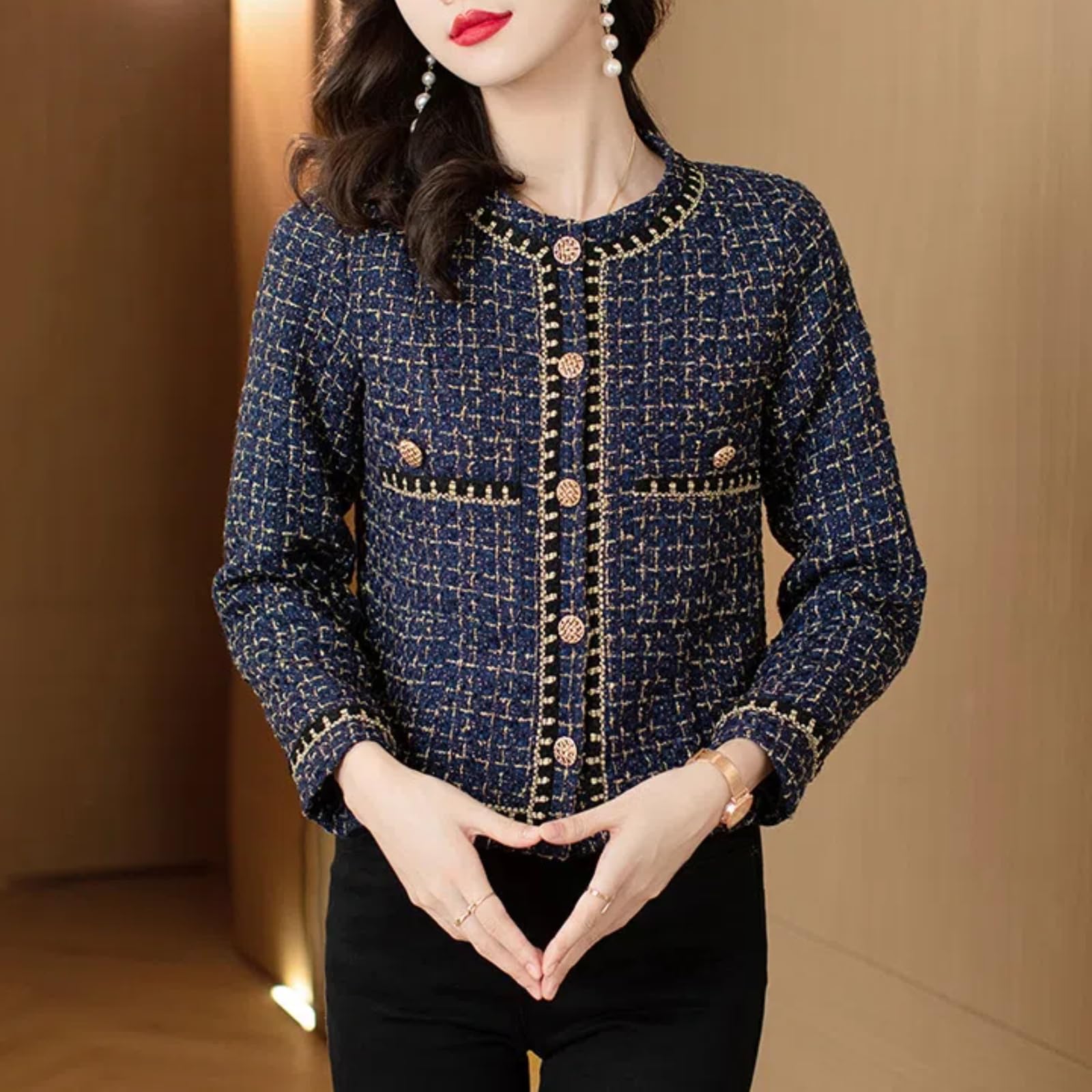 Tweed Blazer Damen im Chanel Stil | Damen Elegante Rundhals Tweed Jacken Kleine Duftende Stil Jacke Mantel Tops