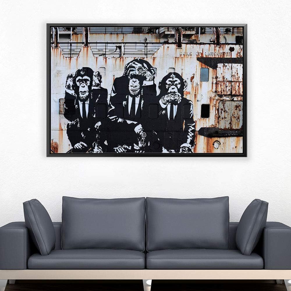 Amk Wood BANKSY 3 Wise Monkeys Banksy Canvas Art Wall Art Home Decor - Various Size (24in x 18in Modern Black Framed)