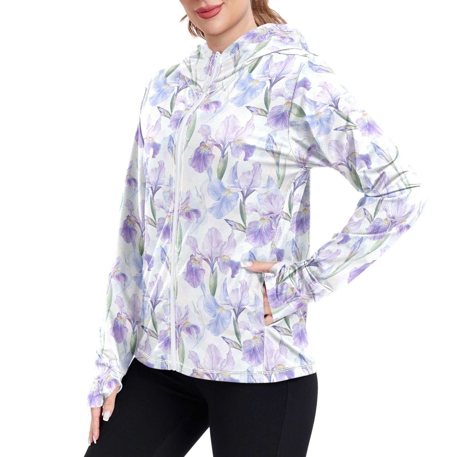 Women's Sun Protection Lightweight Hoodie Jacket Zip Up Jackets for Women UPF 50+ Clothing for Hiking Golf Cycling M Watercolour Florals