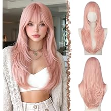 FESHFEN Straight Sleek Layered Wigs with Bangs for Women - Natural Synthetic Long Hair Wig for Daily Party Use 24 inch