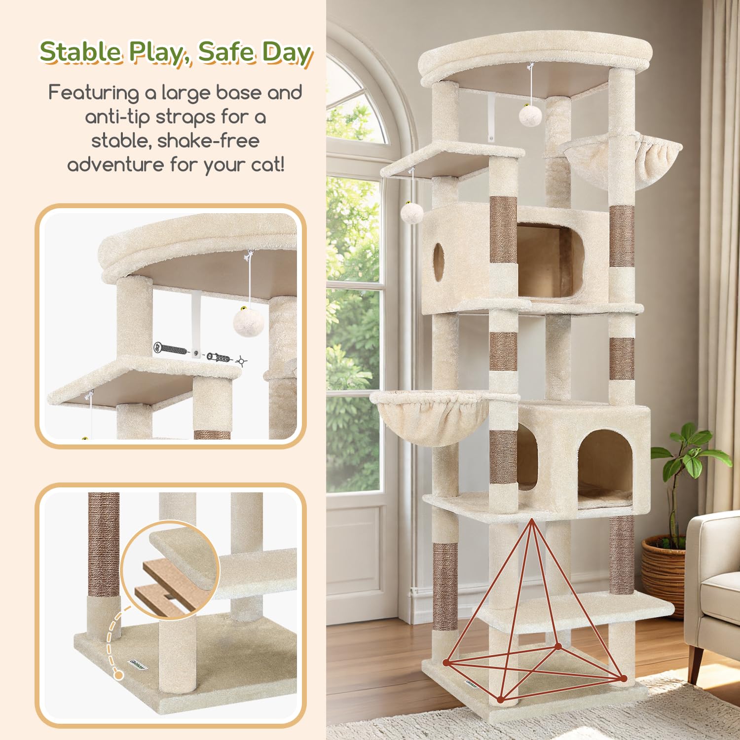 Globlazer Árbol Rascador Beige Grande Alto 188 cm con 2 Grandes Nidos, 48 * 48CM Plataformas Acolchada, 2 Felpa Cesta, Estable Árbol Torre para Grande Gato 3-5 Adulto Gatos Más de 5 kg (S74, Beige)