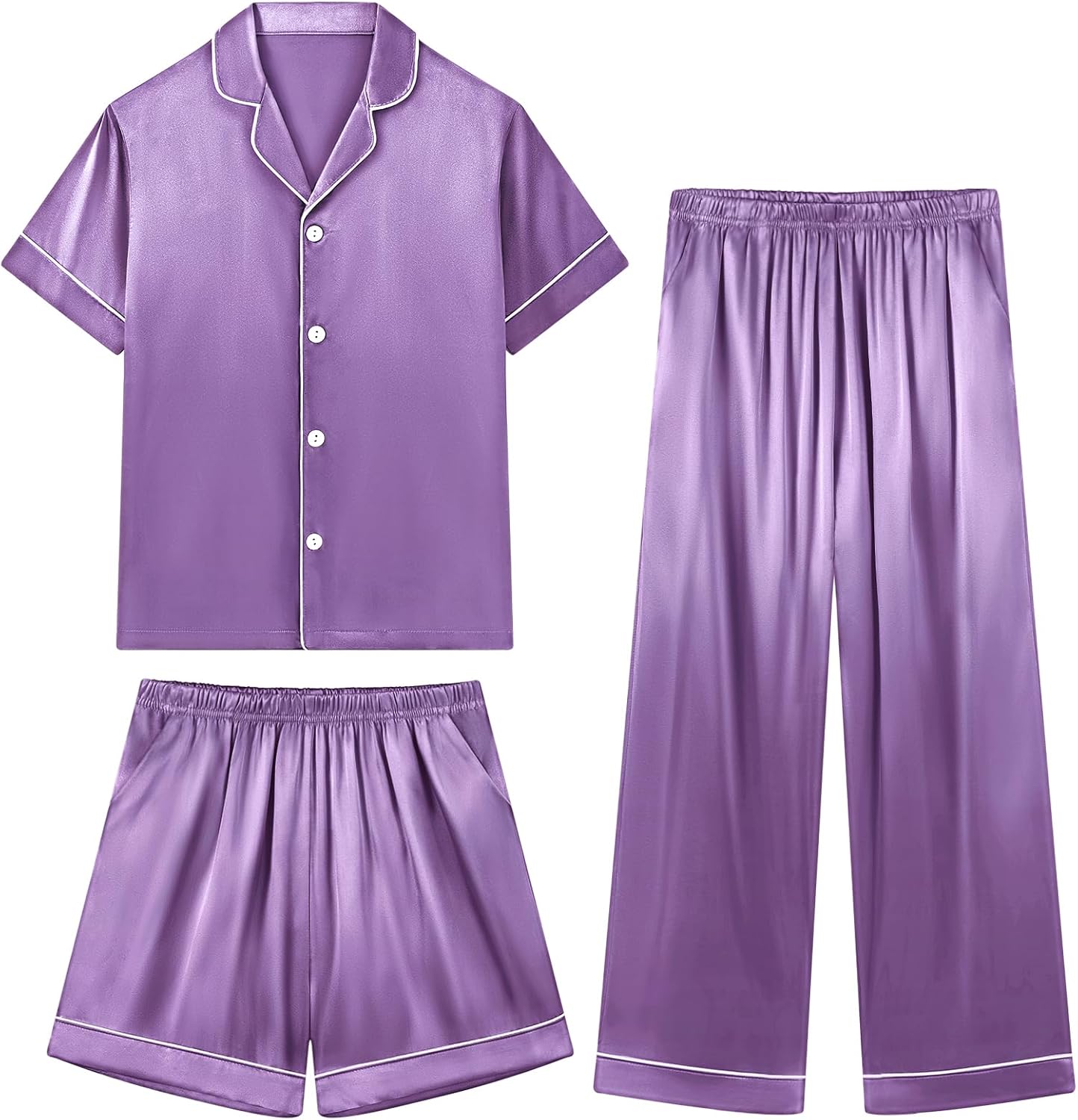 Weixinbuy Girls Pajamas Set Button Down Short Sleeve Pjs Satin Pajamas Sleepwear Lounge Set 3Pcs Pjs for Teen Kids Girls Boys