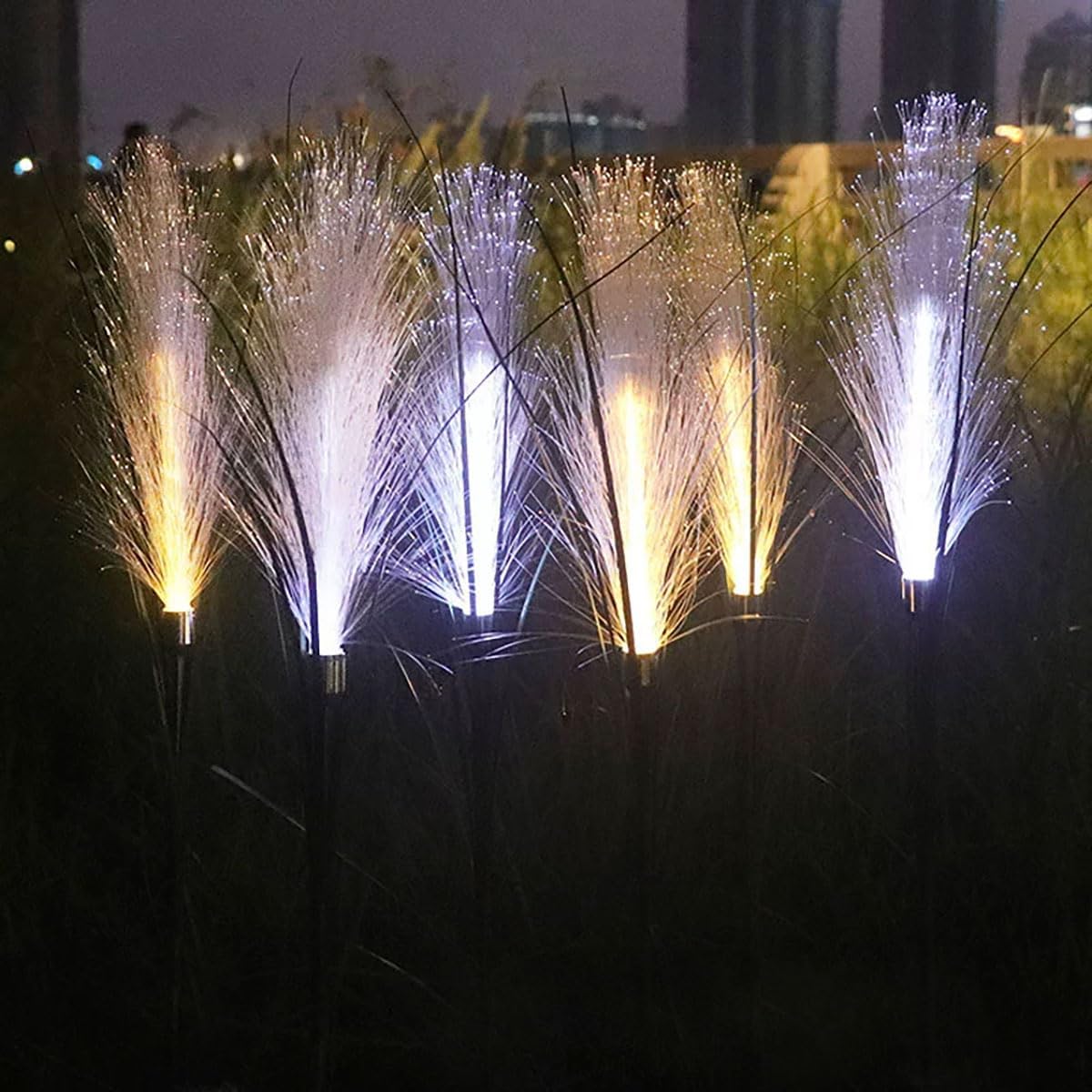 LED Fiber Optic Reeds Garden Lights, 12V Outdoor Lawn Stake Lights, White with Warm Lights, Set of 6