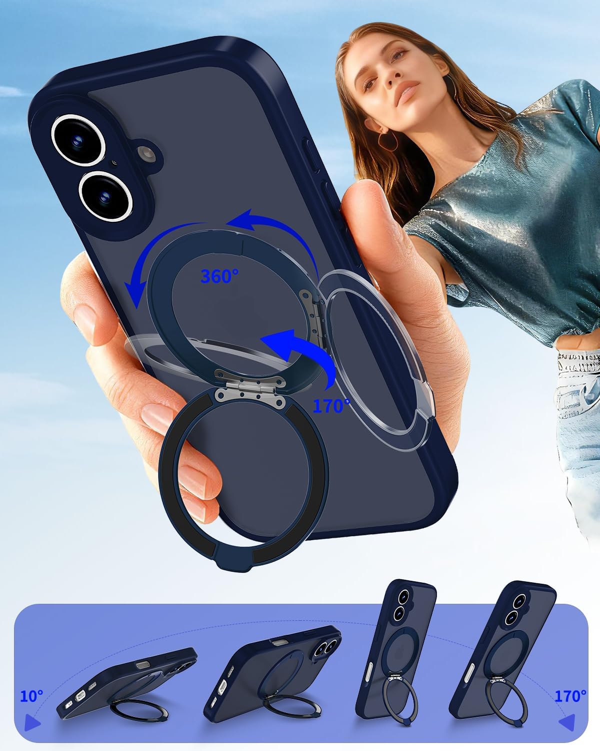 for iPhone 16 Case Upgraded 360° Spin Magnetic Stand, Compatible with Magsafe, Military Protection, Full Camera Protection, Translucent Matte Phone Case for iPhone 16, Blue