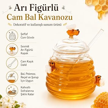 Arı Figürlü Cam Bal Kavanozu, Cam Kaşıklı Kapaklı Şeffaf Bal Saklama ve Sunum Kabı, Bal Pekmez Reçel ve Şurup İçin Dekoratif Kahvaltılık
