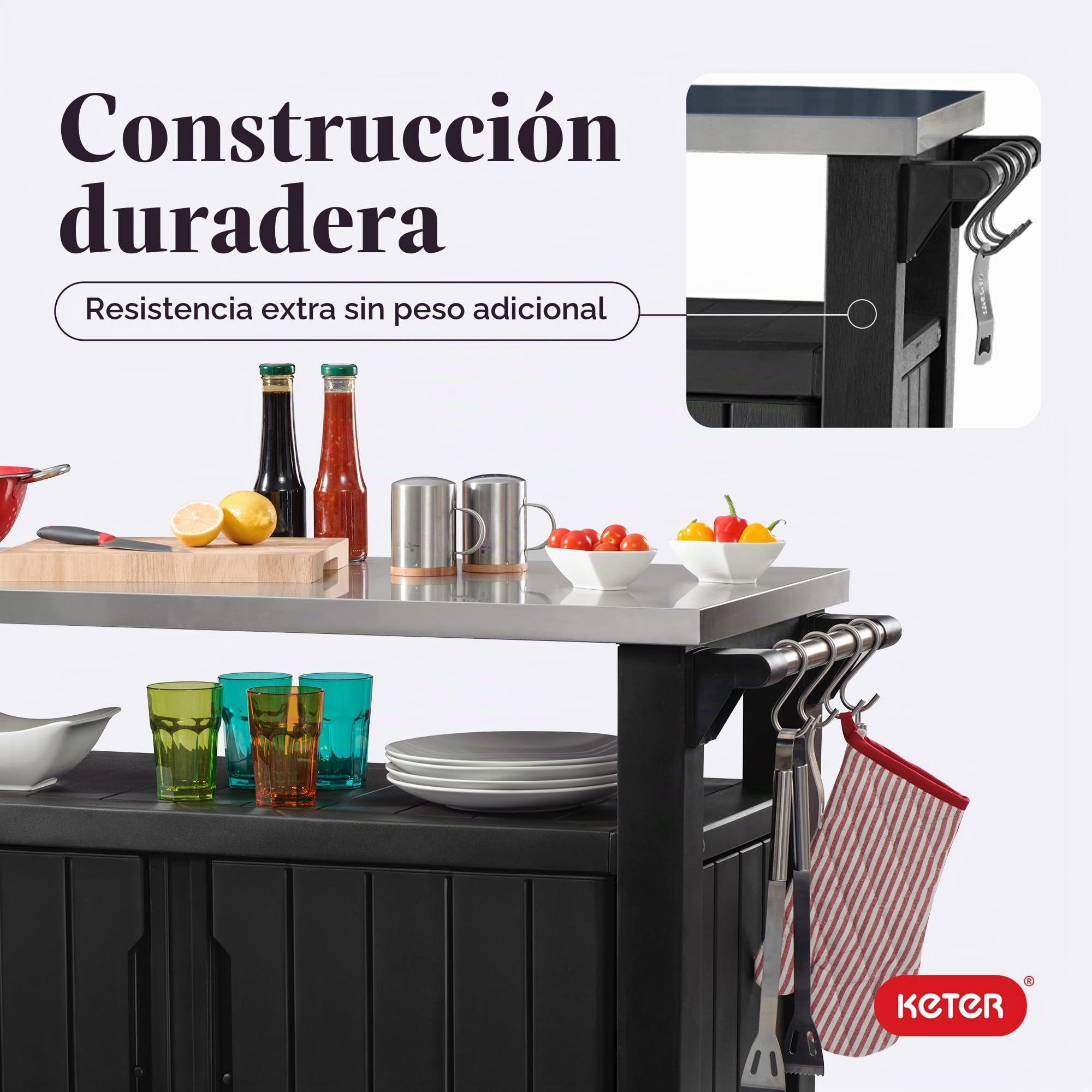 Keter Unity XL - Mesa portátil para Exteriores y Armario de Almacenamiento con Ganchos para Accesorios de Parrilla, Parte Superior de Acero Inoxidable para Patio, Cocina, Isla o Carrito de Bar, Gris