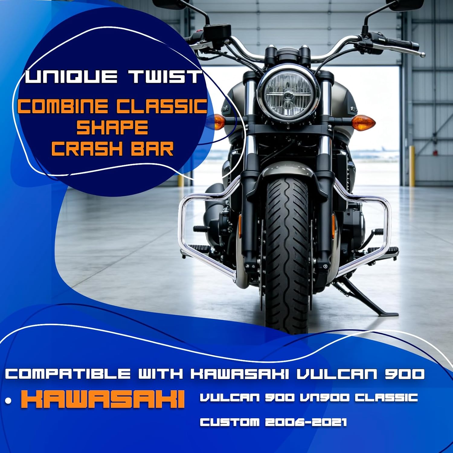 Mustache Crash Bar Engine Guard Highway Bar Compatible with Kawasaki Vulcan 900 VN900 Custom Classic 2006-23 (Chrome)