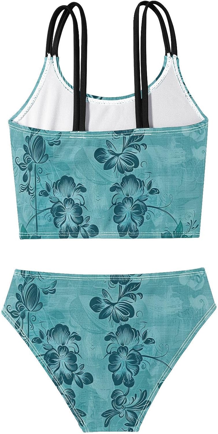 visesunny Girls Two Piece Swimsuits Blue Green Vintage Floral Girl's Bikini Sets Bathing Suits for Girls Size 5-12Y