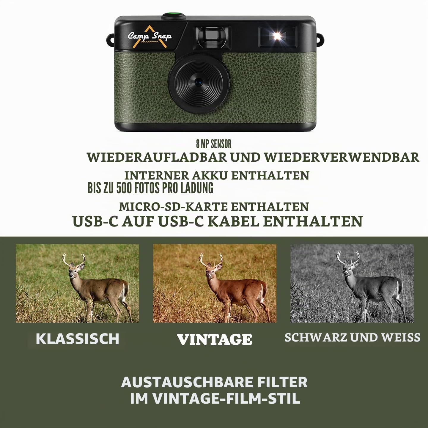 CampSnap Digitale Kompaktkamera ohne Bildschirm - Speicher für 2000 Fotos - 8M Pixel - Wiederaufladbare Batterie - Vintage - Grün