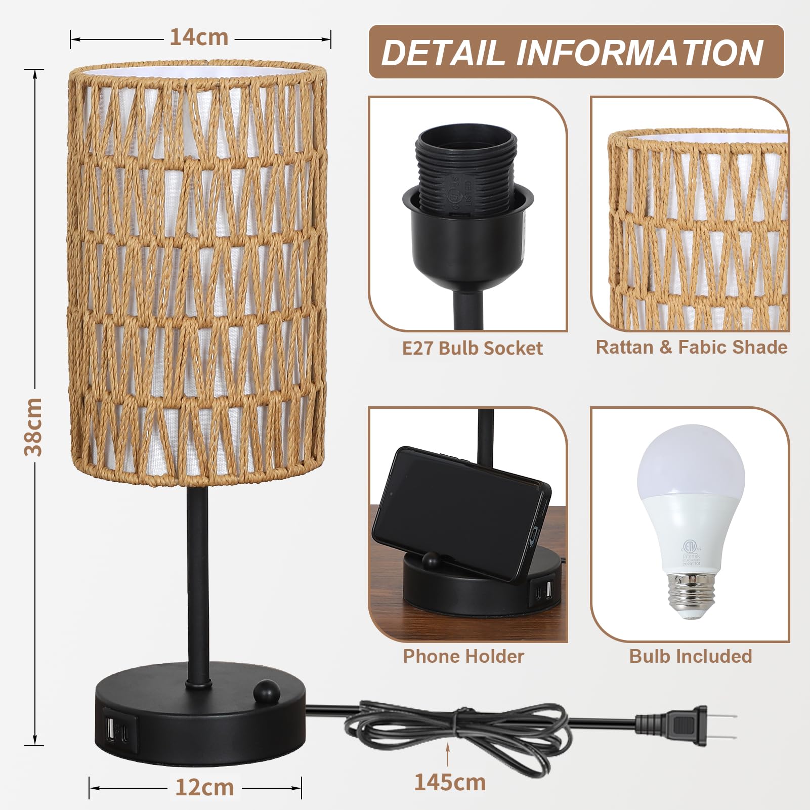 Rayofly Nachttischlampe 2er Set, Touch Dimmbar Nachttischlampe mit Ladefunktion USB A+C-Anschlüssen, Vintage Tischlampe mit Rattan Lampenschirm & LED Glühbirne, Touch Lamp für Schlafzimmer, Wohnzimmer