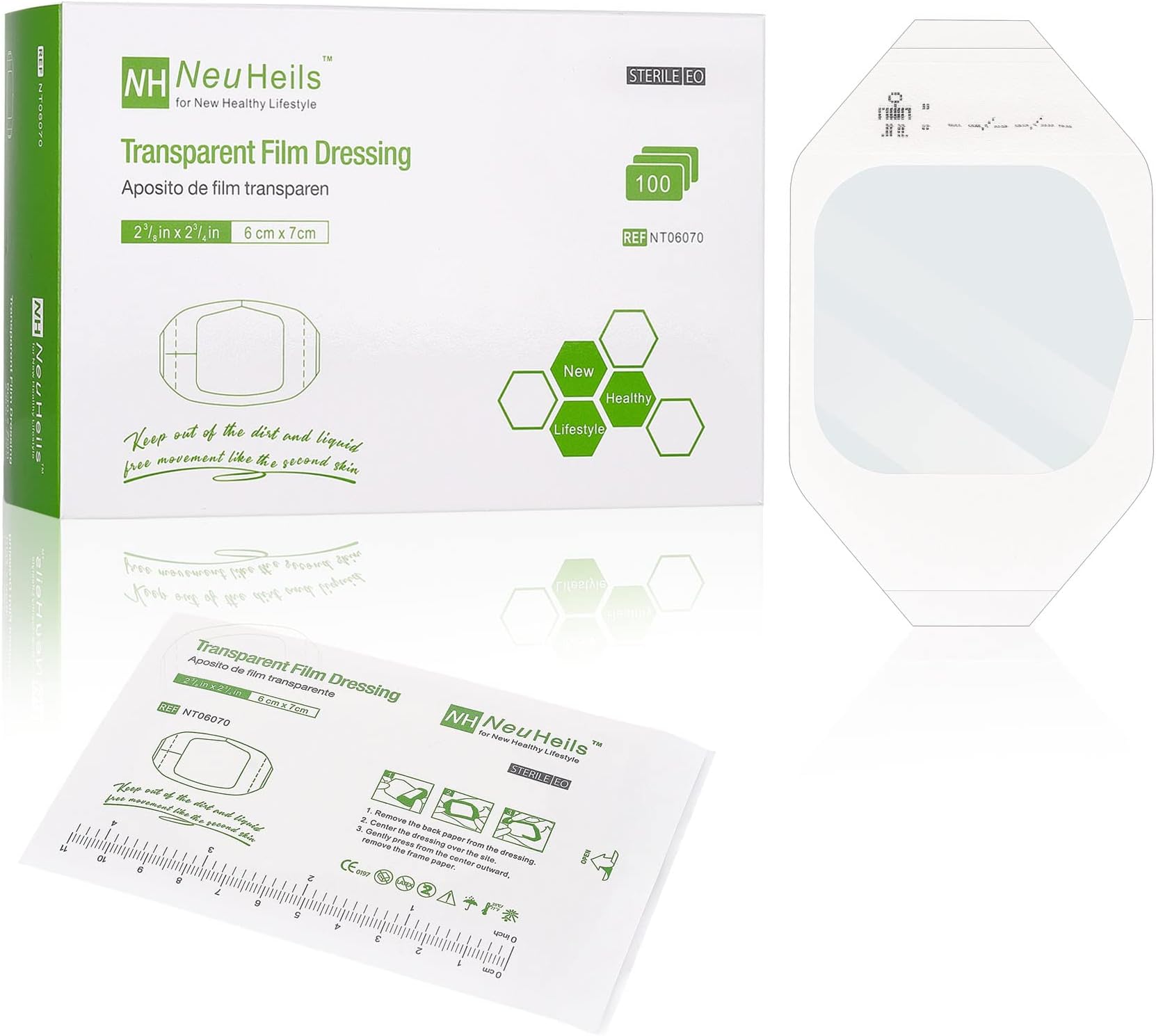 NeuHeils Transparent Film Dressing 2 3/8'' x 2 3/4'', 100 Pack, Waterproof Wound Cover Bandage, Clear IV Catheter Tape, Adhesive Patch, Shower Shield