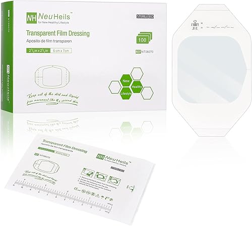 NeuHeils Apósito de película transparente de 2 3/8 x 2 3/4 pulgadas, paquete de 100 vendajes impermeables para cubrir heridas, cinta transparente de