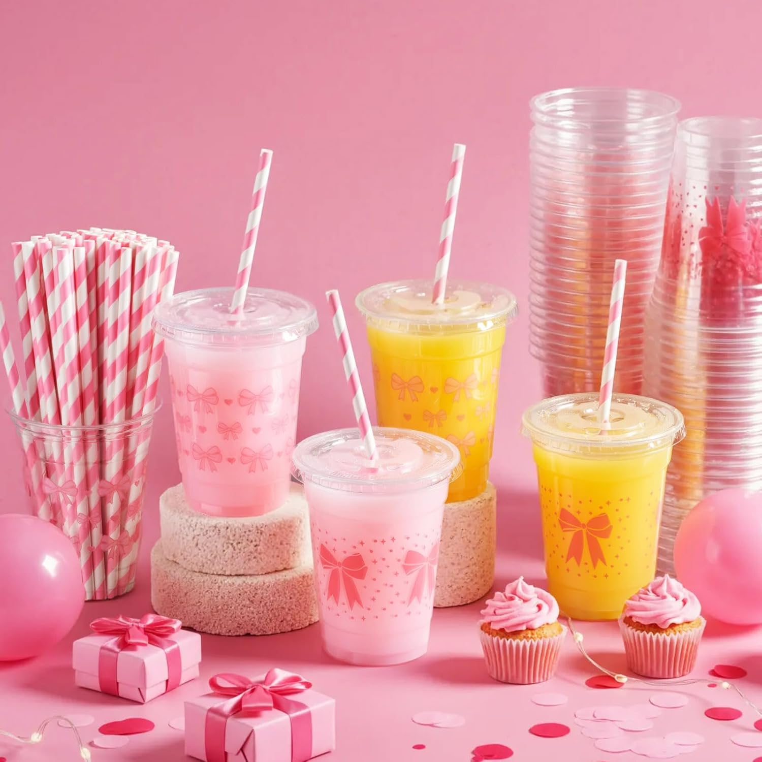 Yaomiao 100 Pcs Valentine's Day Pink Bow Plastic Cups 12oz Disposable Clear Galentine Pink Plastic Cups with Lids and Straw Cute Bow Cup Bulk Birthday Wedding Party Favors Supplies for Cold Beverage - Image 2