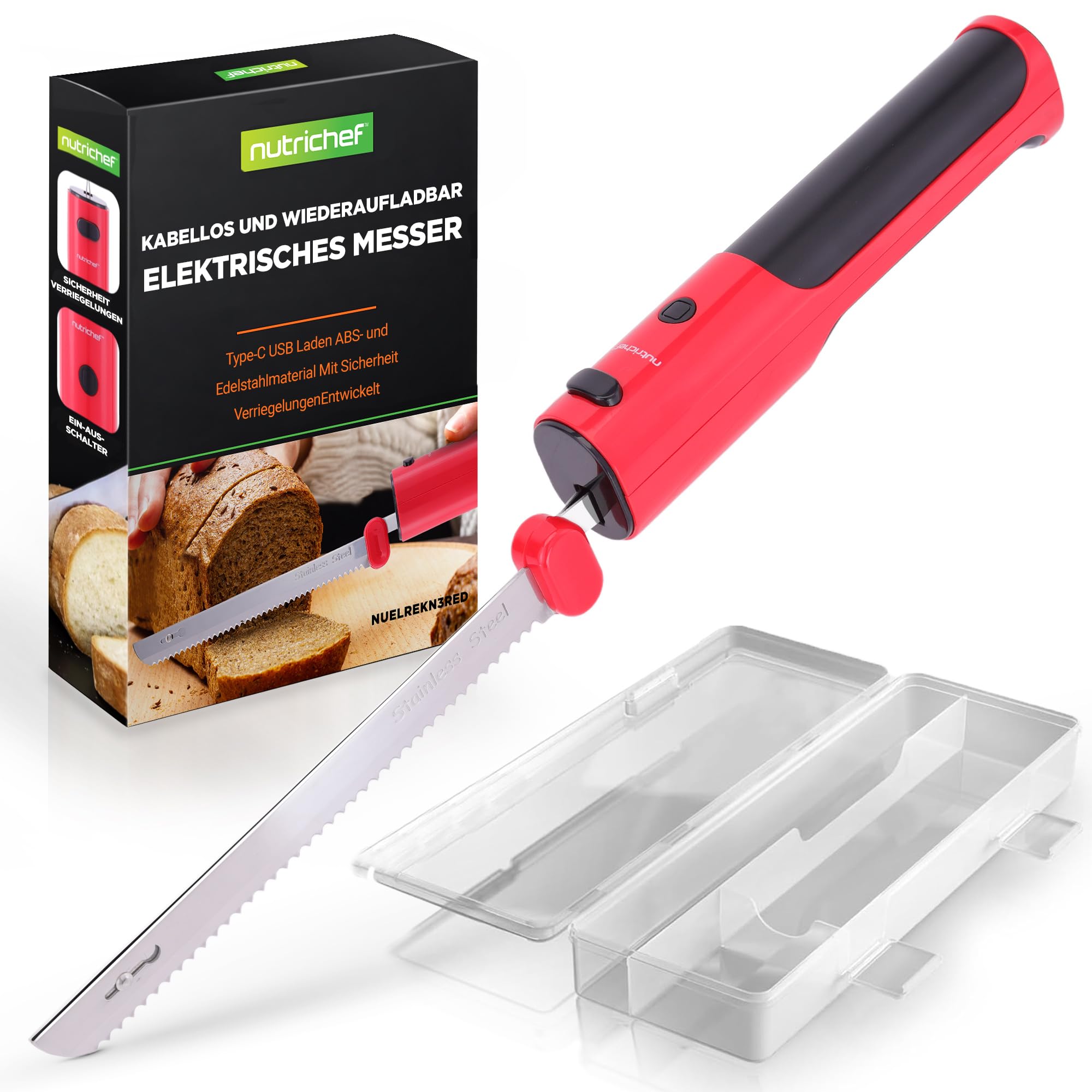 NutriChef Allesschneider Elektrisch – Kabelloses Messer mit USB-C & 29 cm Klinge für Fleisch und Brot