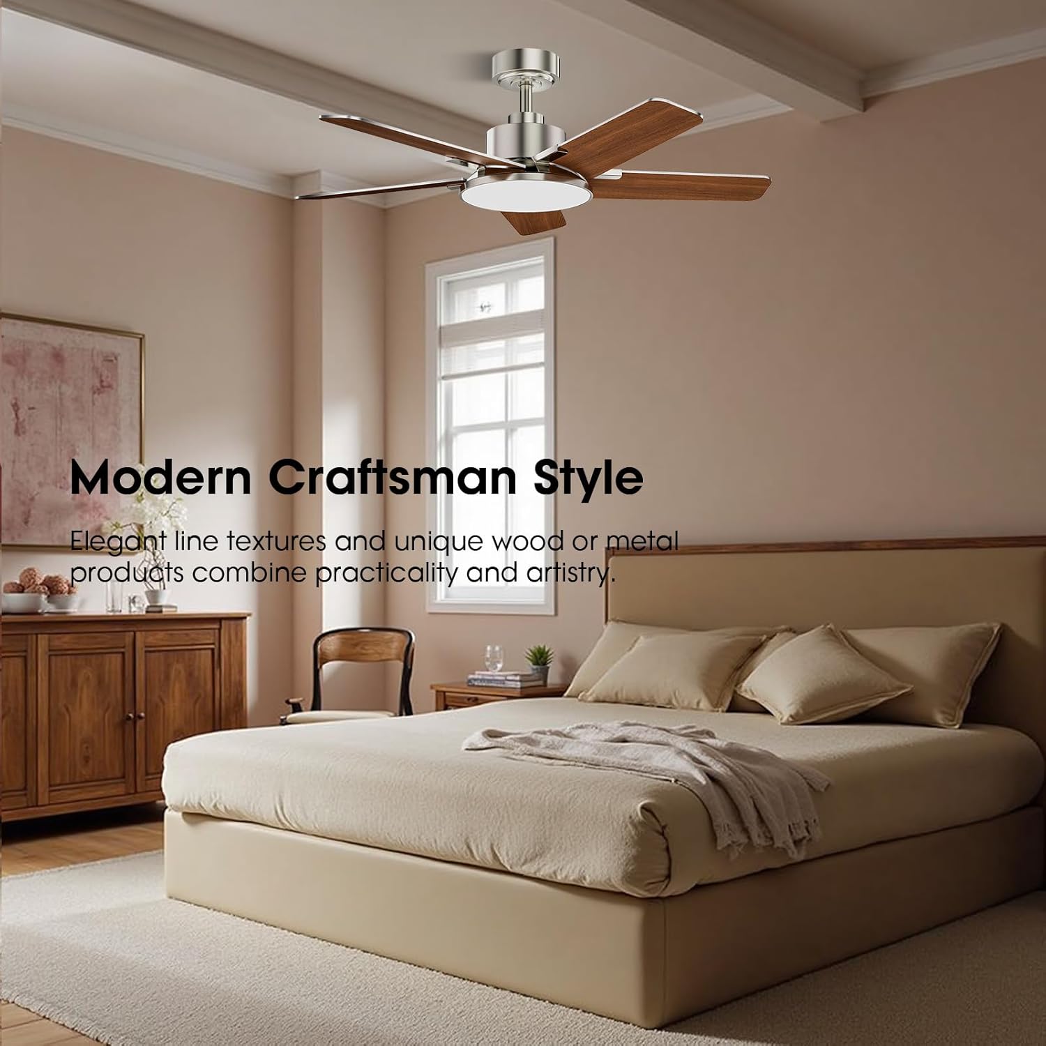 44 Inch Ceiling Fans with Lights, Modern Nickel Ceiling Fan with Dimmable LED, 6 Speeds, Timer, Quiet Reversible DC Motor, Remote Control Ceiling Fan for Bedroom, Living Room and Kitchen