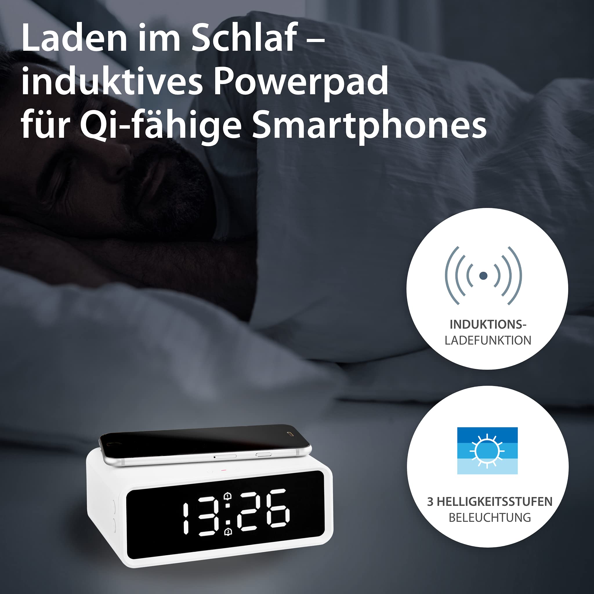 ADE CK2010 digitaler Wecker, kabelloses induktives Laden QI Smartphone 10W, mit Ladestation Wireless Charger, Dual-Alarm, Uhrzeit, Temperaturanzeige, LCD Display, Nachttisch Uhr