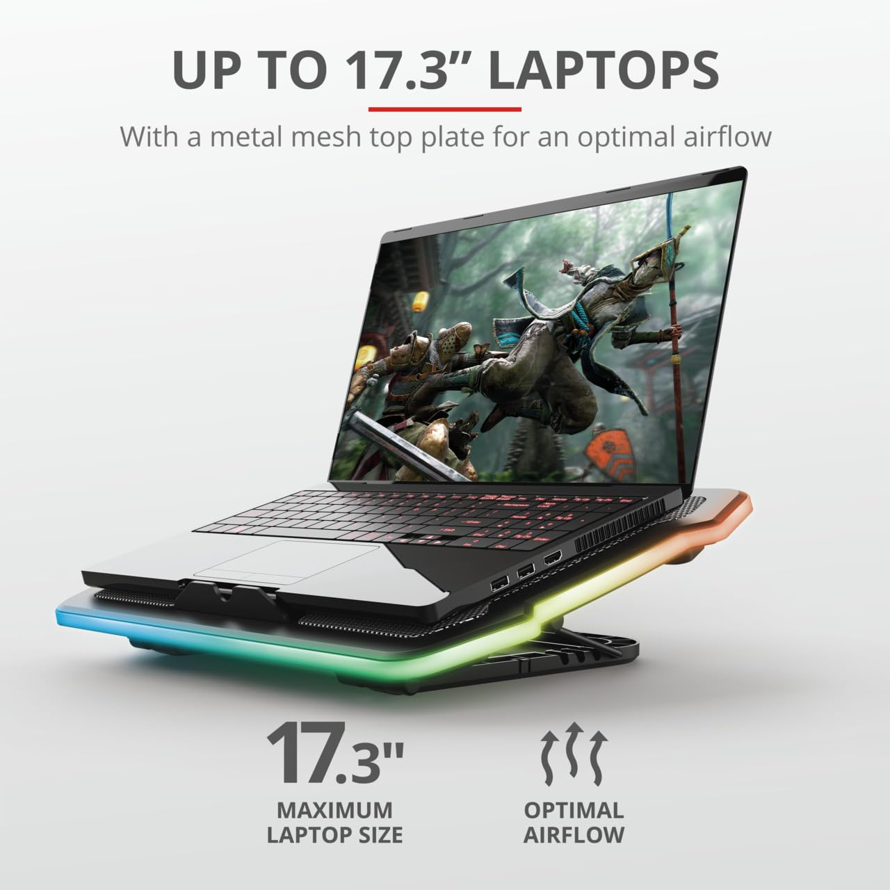 Trust Gaming GXT 1126 Aura Wielokolorowy podświetlany stojak chłodzący do laptopów o przekątnej do 43.9 cm, chłodziarka do laptopa z regulowaną prędkością, tryb ciszy, zasilanie USB do gier, czarny