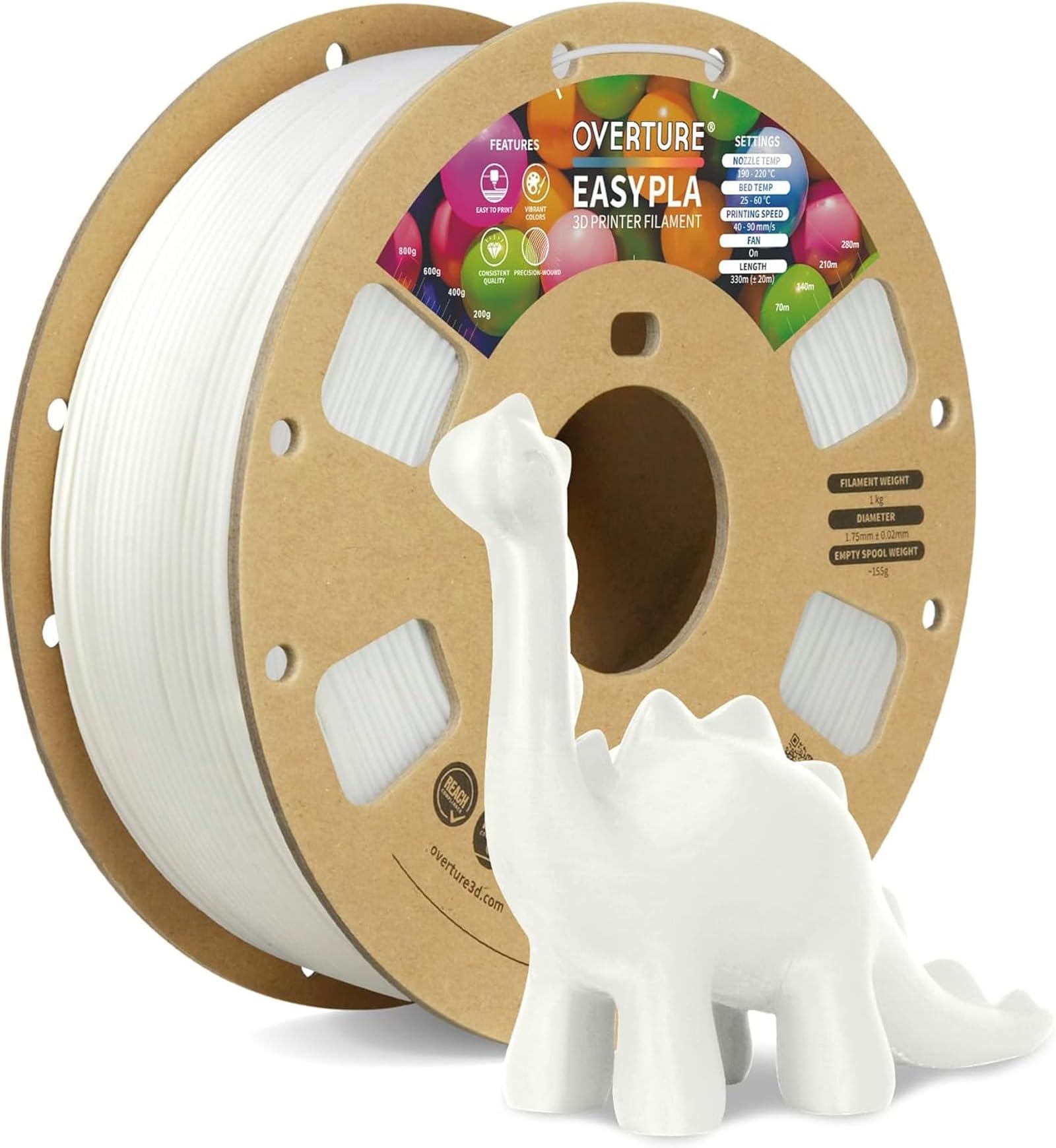 Easy PLA 1.75mm 3D Printer Filament, 1kg PLA Cardboard Spool (2.2lbs), Dimensional Accuracy +/- 0.02mm, Fit Most FDM Printer (Easy White)