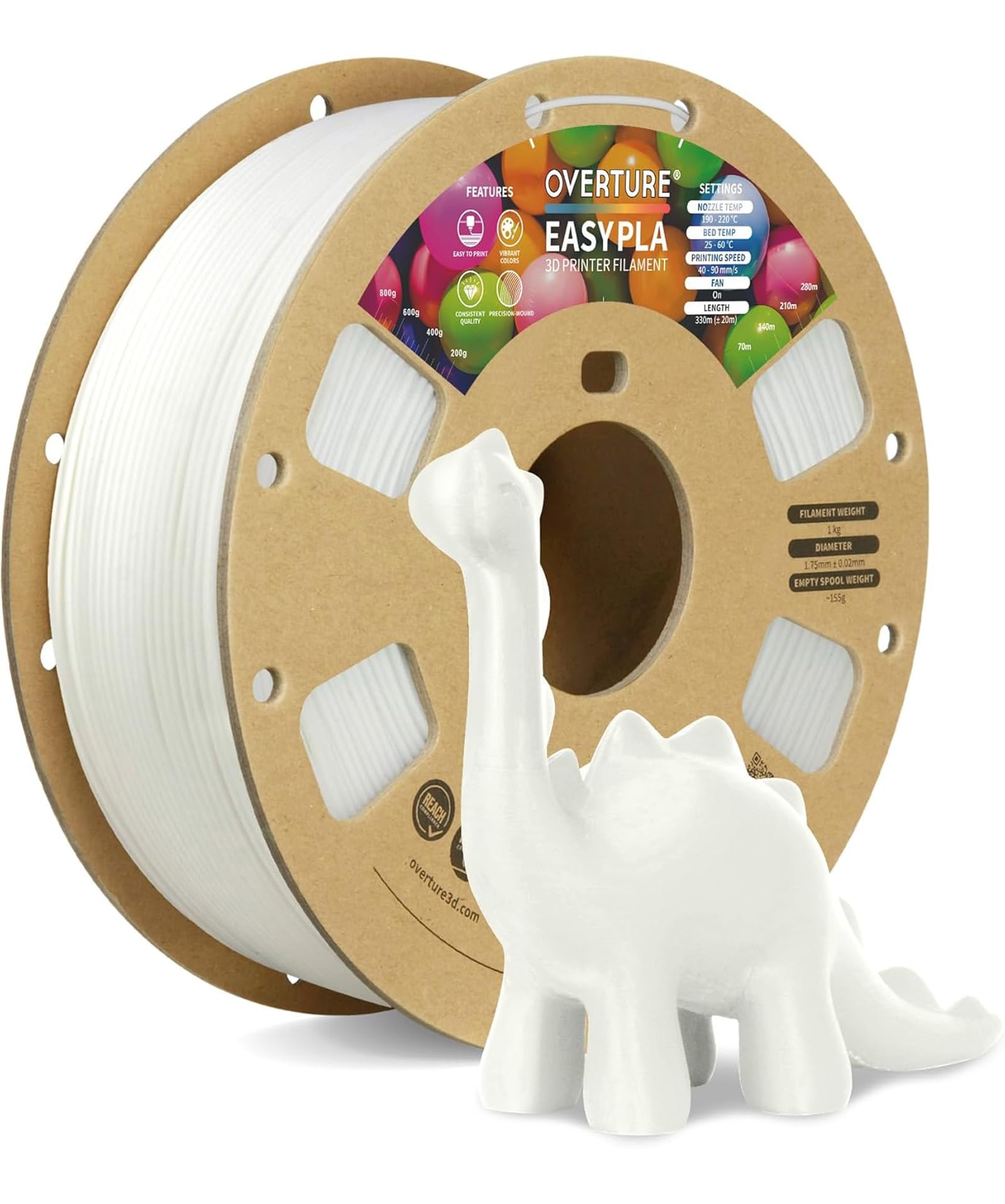 OVERTURE Easy PLA 1.75mm 3D Printer Filament, 1kg Cardboard Spool (2.2lbs), Dimensional Accuracy +/- 0.03mm, Fit Most FDM Printer (Easy White)
