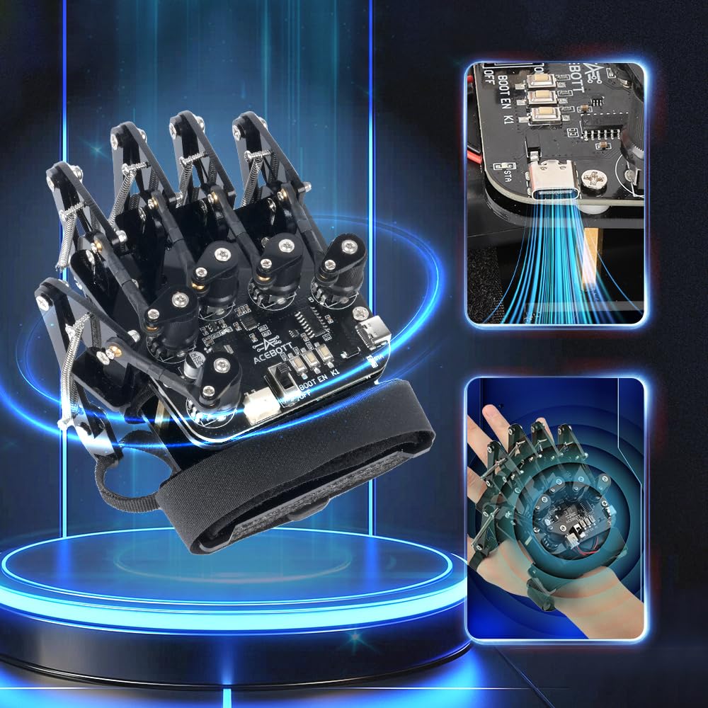 Guanto wireless ESP32 con rilevamento del movimento, supporta Arduino, ACECode e Python, kit robot fai da te, mano meccanica, giocattolo STEM, braccio a cinque dita per codificare, kit robot