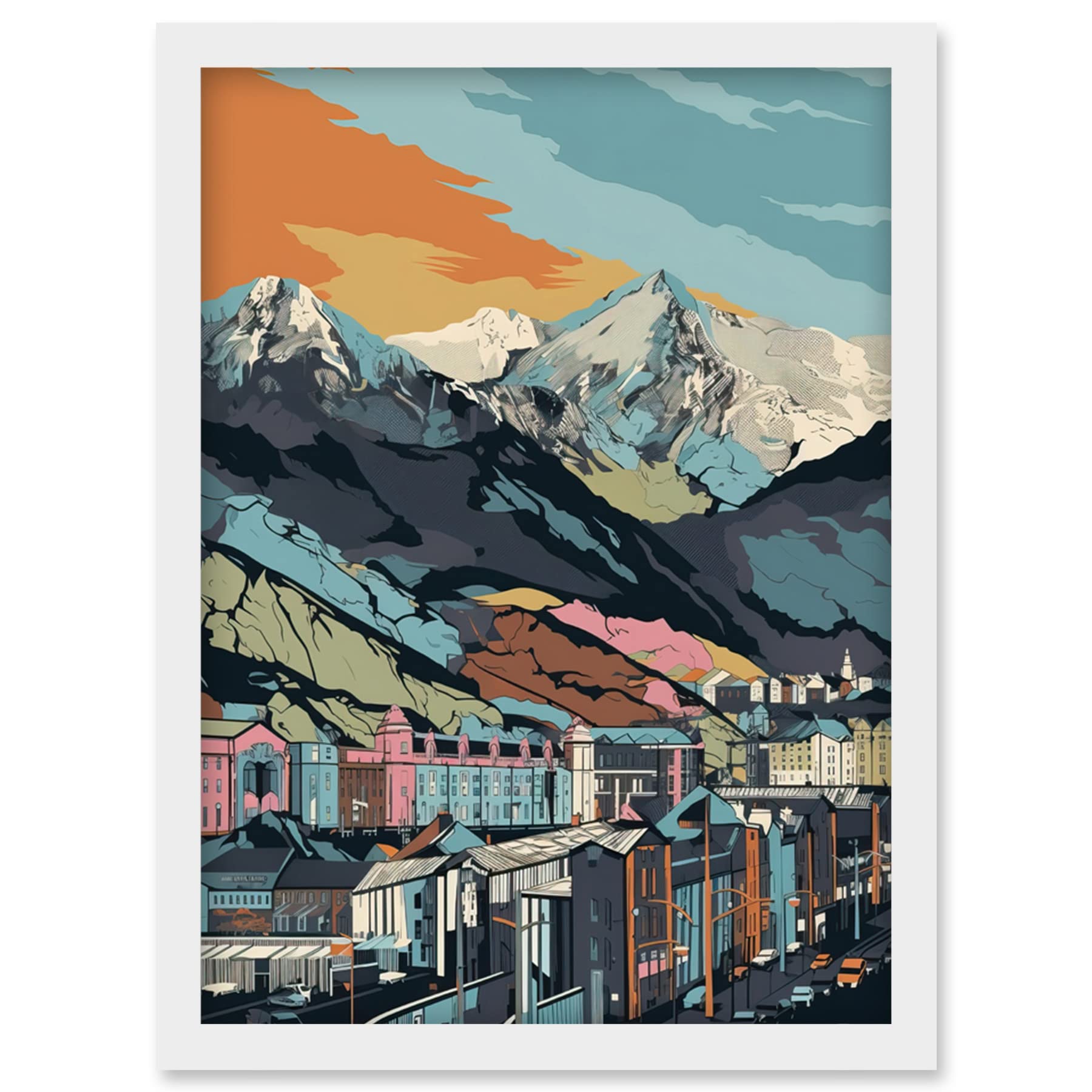 Artery8 Cityscape Under Rocky Mountain Range Modern Artwork Framed Wall Art Print A4