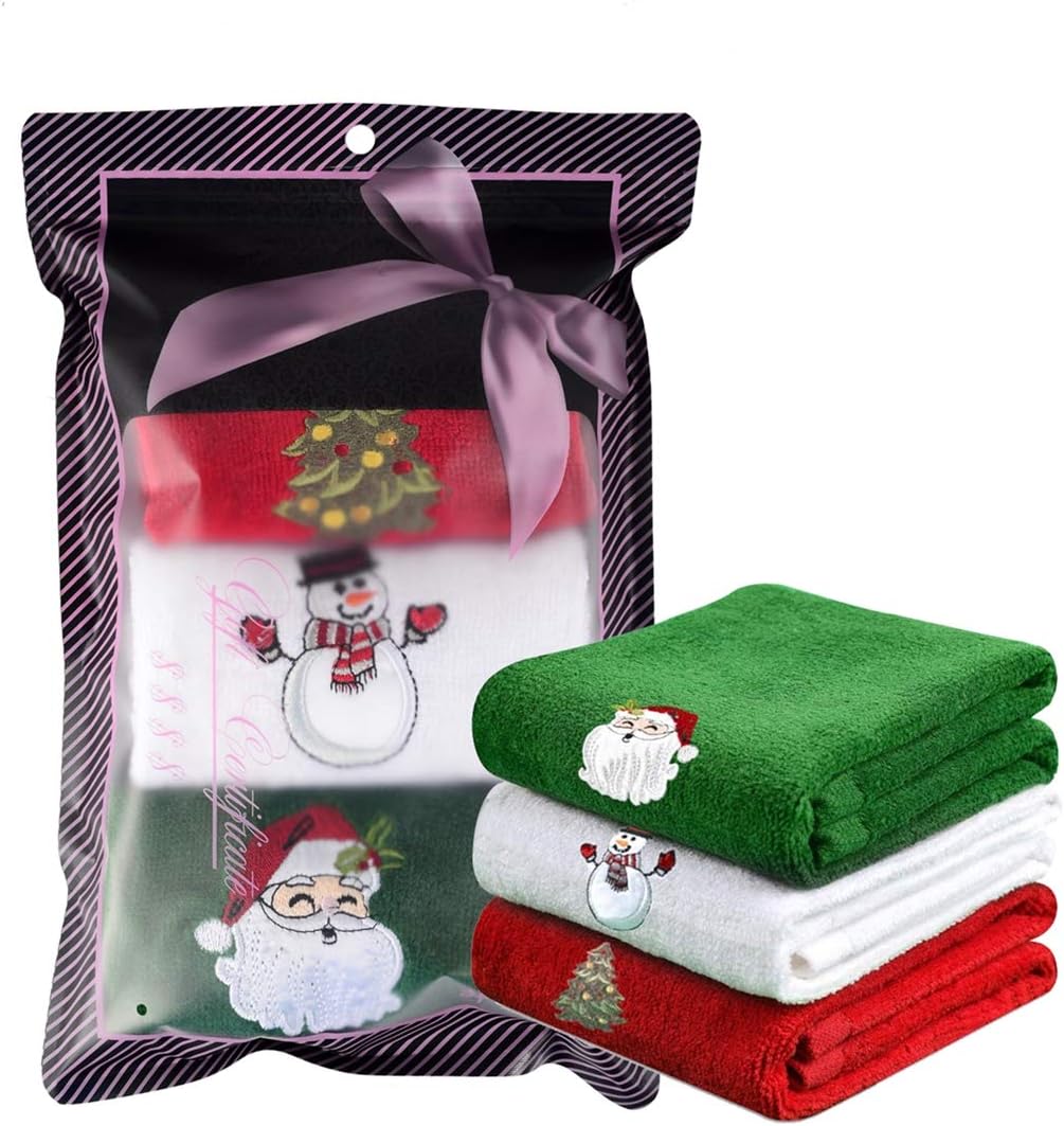 Christmas Hand Towels 100% Cotton, 13x19 inches, Lovely Christmas Decorations Themed Embroidery, Perfect Home & Kitchen Gift (Set of 3)