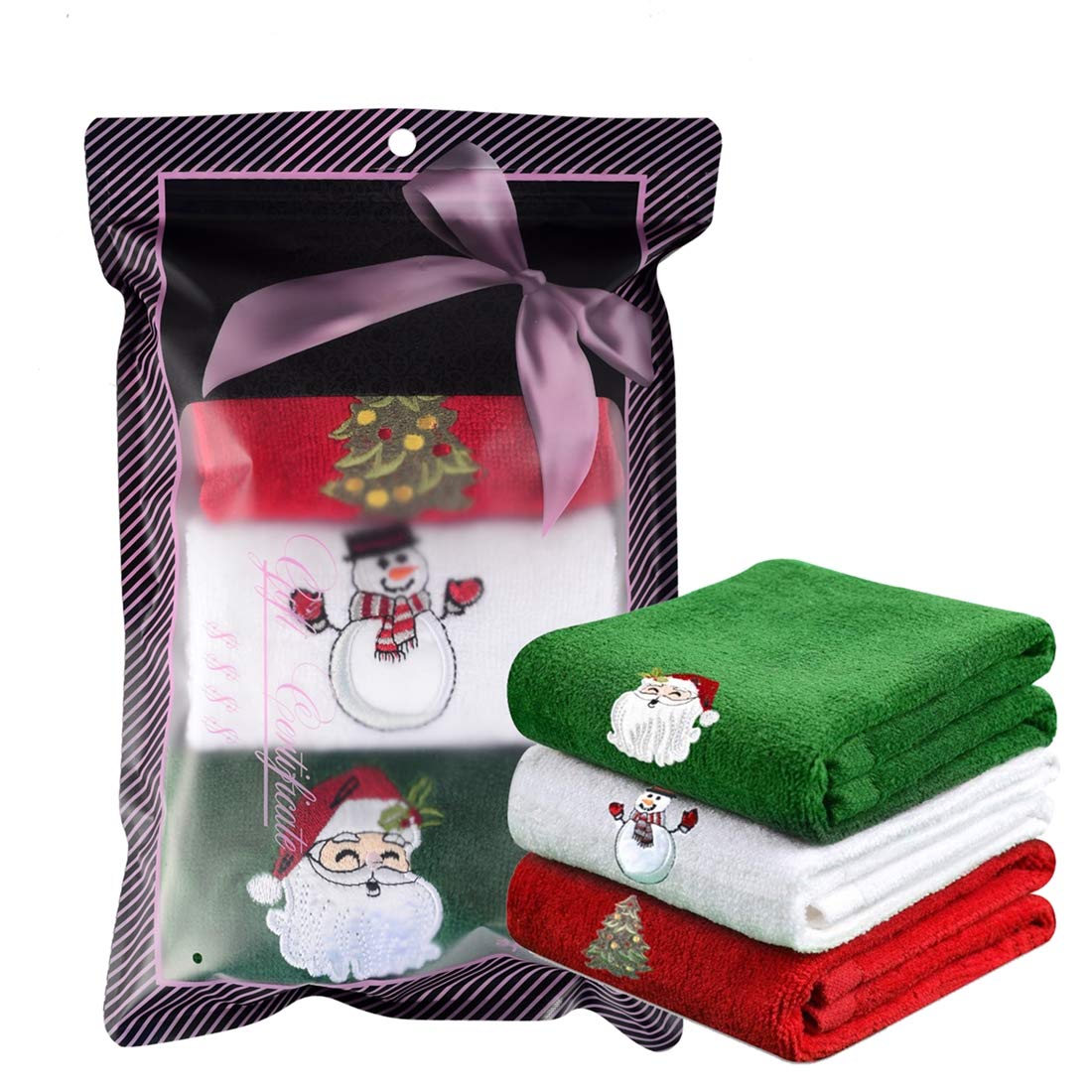 Christmas Hand Towels 100% Cotton, 13x19 inches, Lovely Christmas Decorations Themed Embroidery, Perfect Home & Kitchen Gift (Set of 3)
