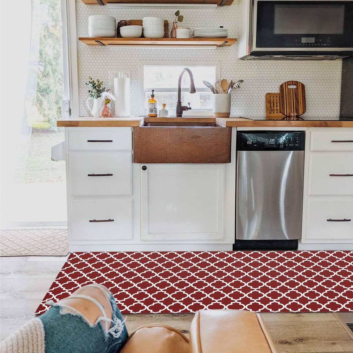 2 Pieces Kitchen Rugs and Mats,Modern Morocco Geometric Tile Pattern Area Runner Rug Set Non Slip Floor Doormat Washable Carpet Standing Mat for Kitchen Sink Indoor Corridor,Farmhouse Burgundy Red