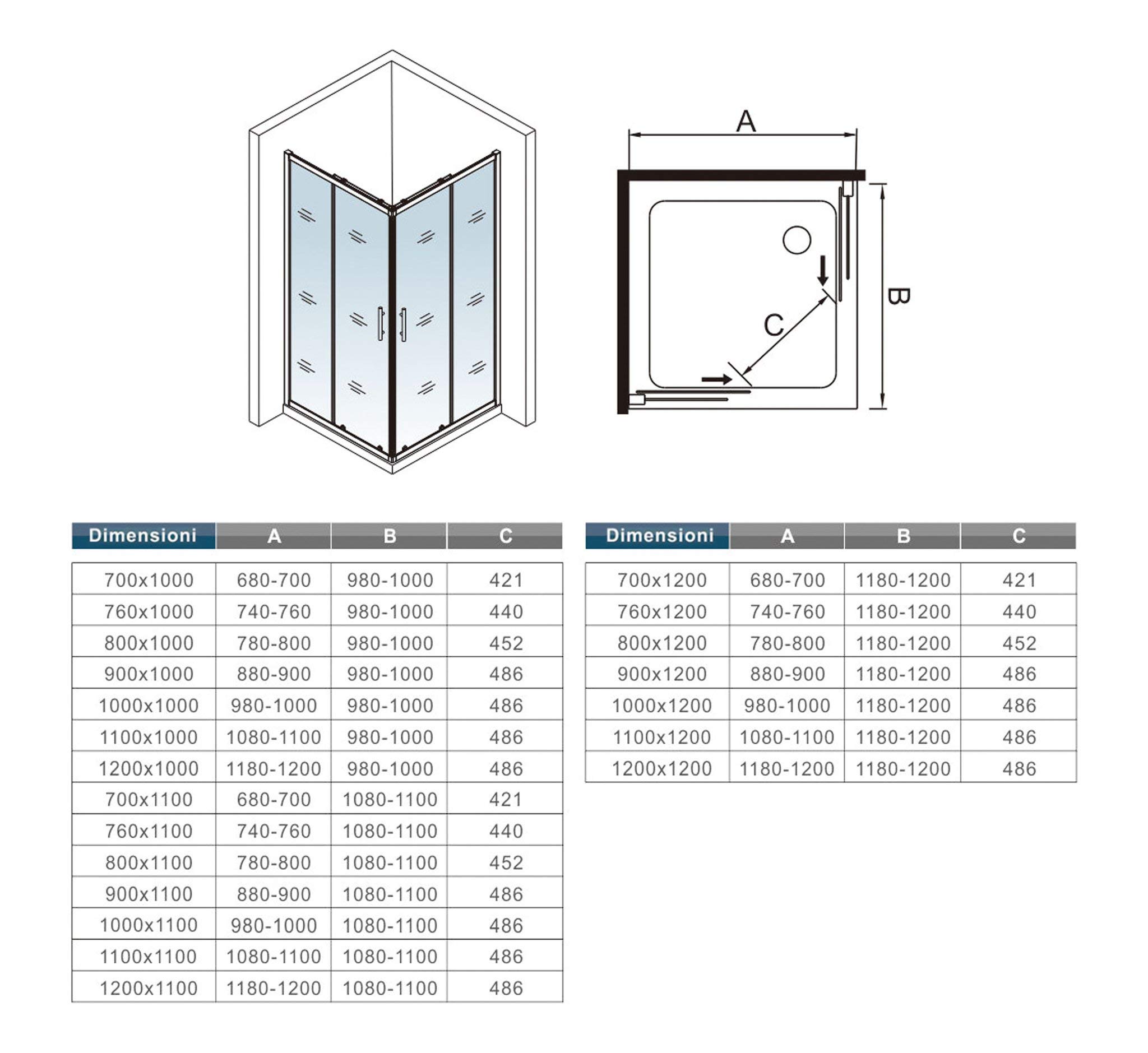 190 cm Box Doccia Angoalre Porte Scorrevoli Vetro Temperato 6 mm Trasparente Anticalcare Telaio Nero Opcao 100x80 cm