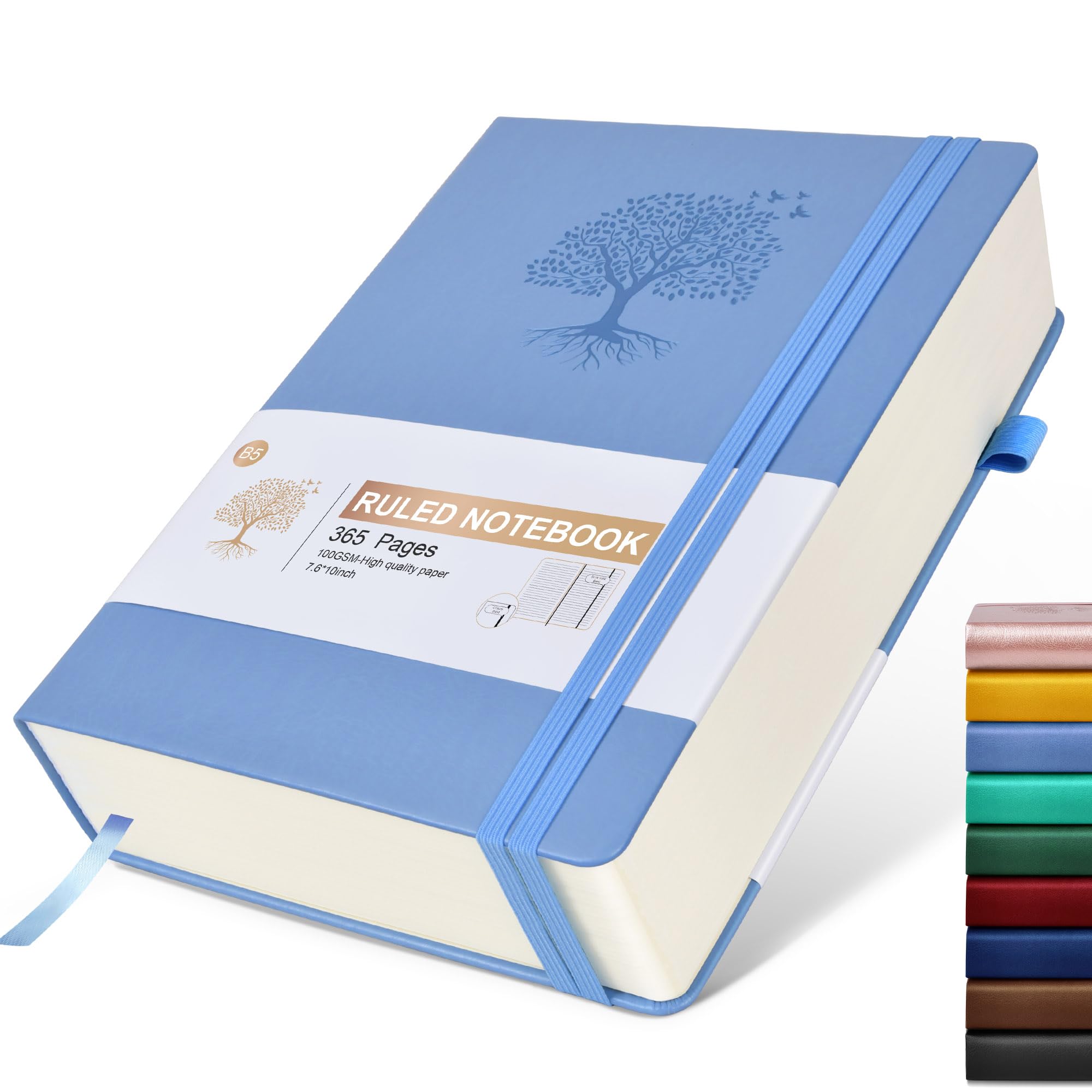 Lined Journal Notebook, 365 Pages B5 Large Hardcover Leather Journal for Women Men, College Ruled, 100Gsm Thick Paper (7.6'' X 10'' Blue)