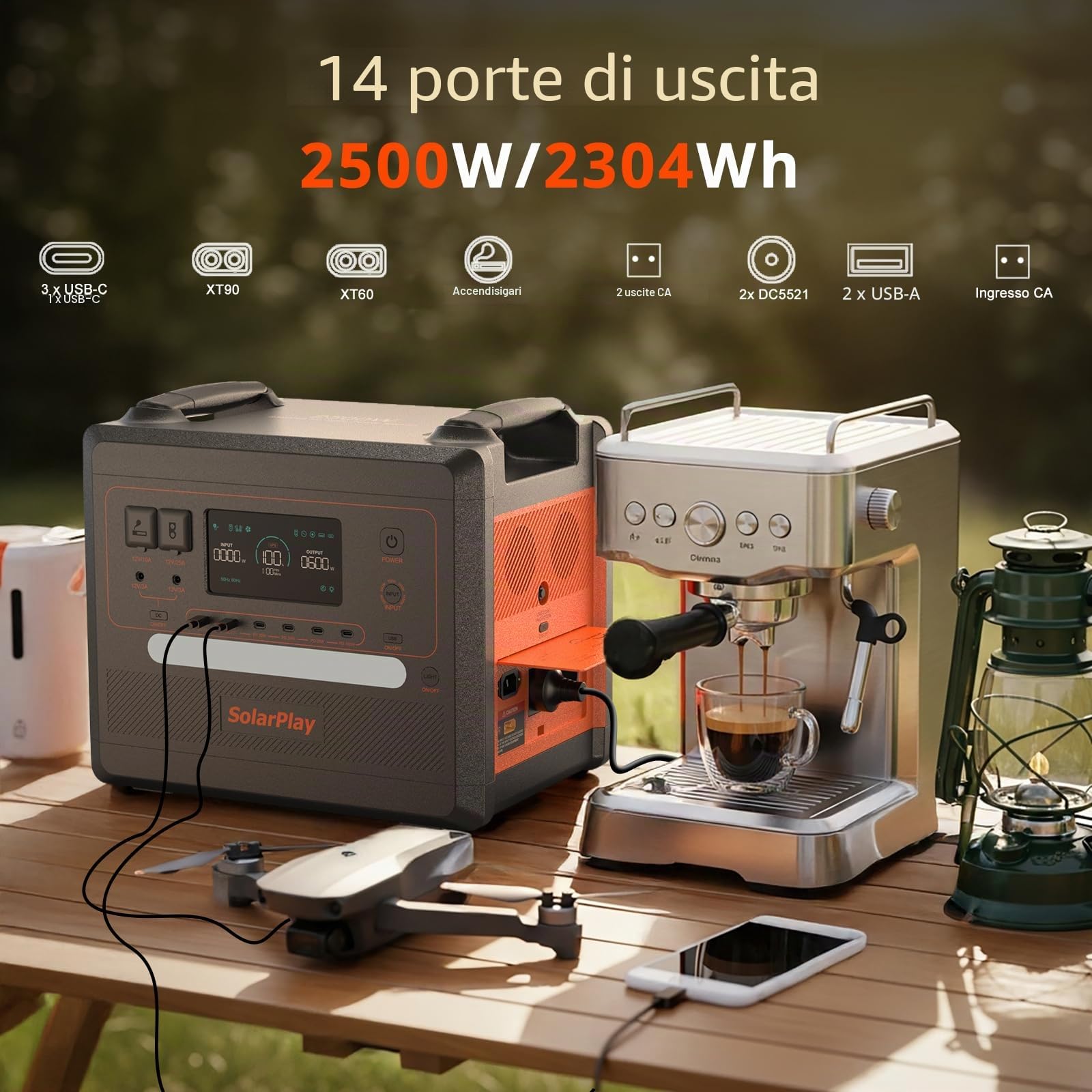 SolarPlay Q2402M Generatore Di Corrente Portatile 2304 Wh LiFePO4, 2500 W Uscita Continua, Ricarica Solare Rapida, Generatore Portatile per Campeggio, Emergenza e Backup Casa