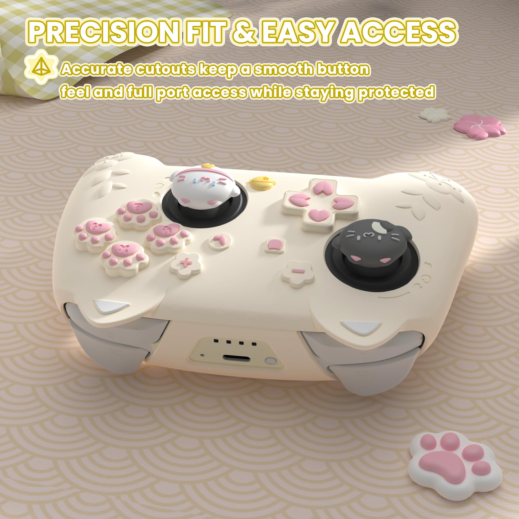 PlayVital Custodia in Silicone per Nintendo Switch 2 Pro Controller, Cover Protettiva con Copri Levette Analogiche, Tasti Posteriori e Adesivi, Accessori Carini, Gattino di Fiori-Giallo