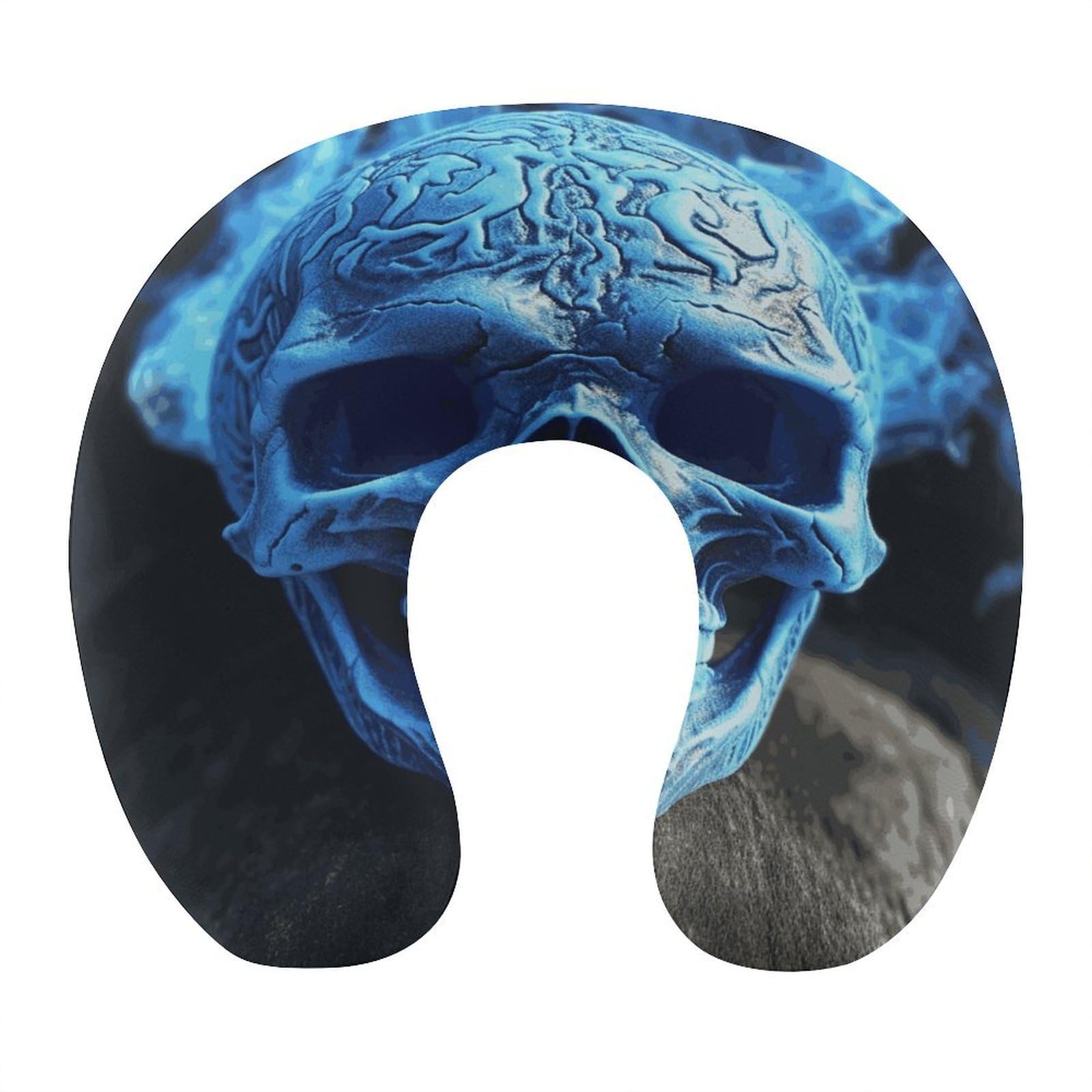 Btcowzrv Style 3D Print Blue Skull U Shaped Neck Pillow Travel Pillows