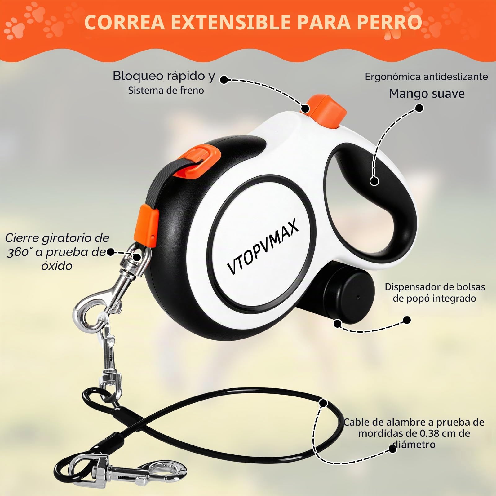 Correa Perro Extensible 8m - Correa Resistente para Perros Medianos/Grandes hasta 50kg, con Cable Anti-Mordidas, Dispensador De Bolsas para Heces Y Freno De Una Mano (Negro/Blanco)