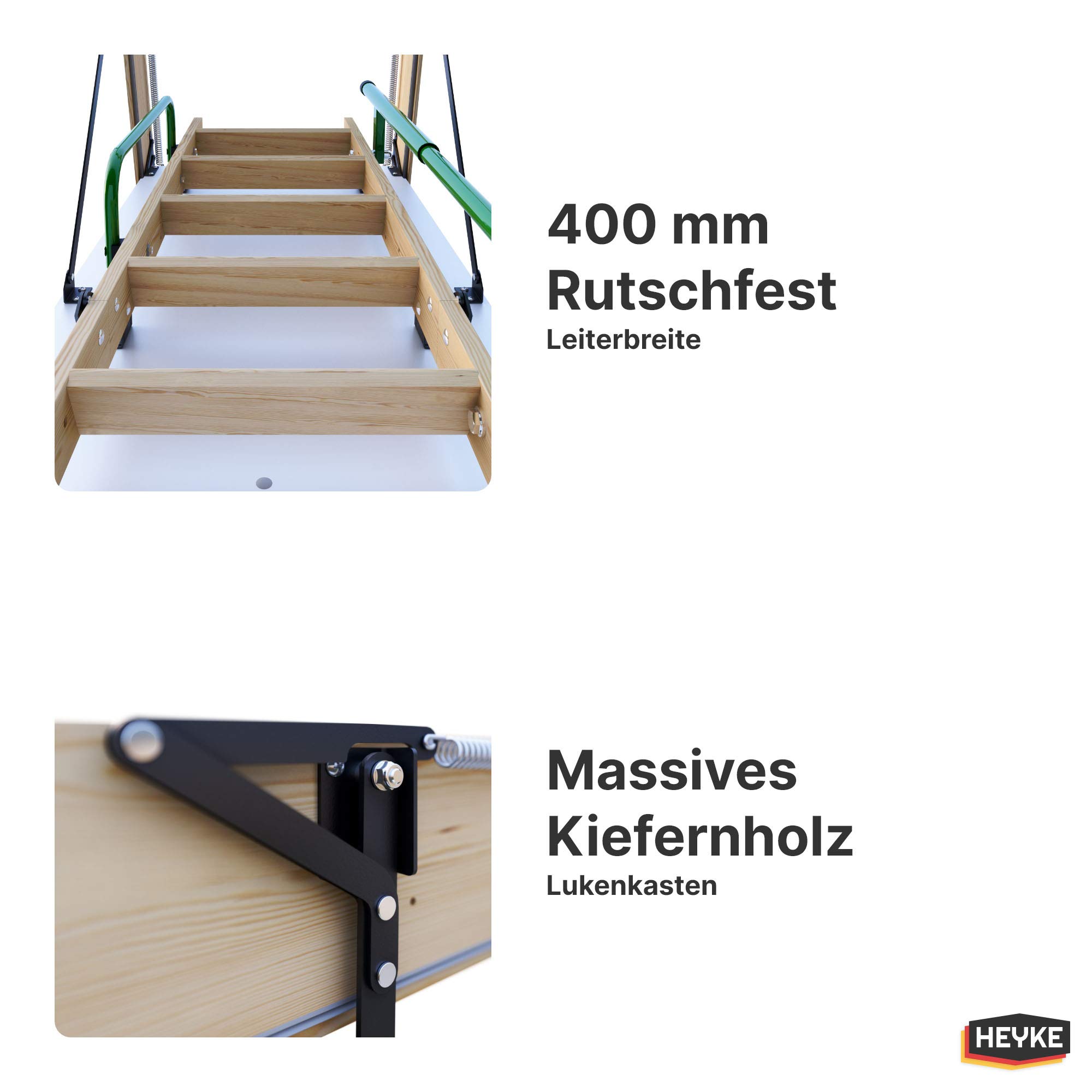 Gedämmte HEYKE W1 Bodentreppe mit Zwei Handläufe Spart Energiekosten | U-Wert 0,36 W/M2*K | Luftdichtheitsklasse 4 | 2 Dichtungen | Bequeme Assistenz-Federmechanismus | Möbelqualität
