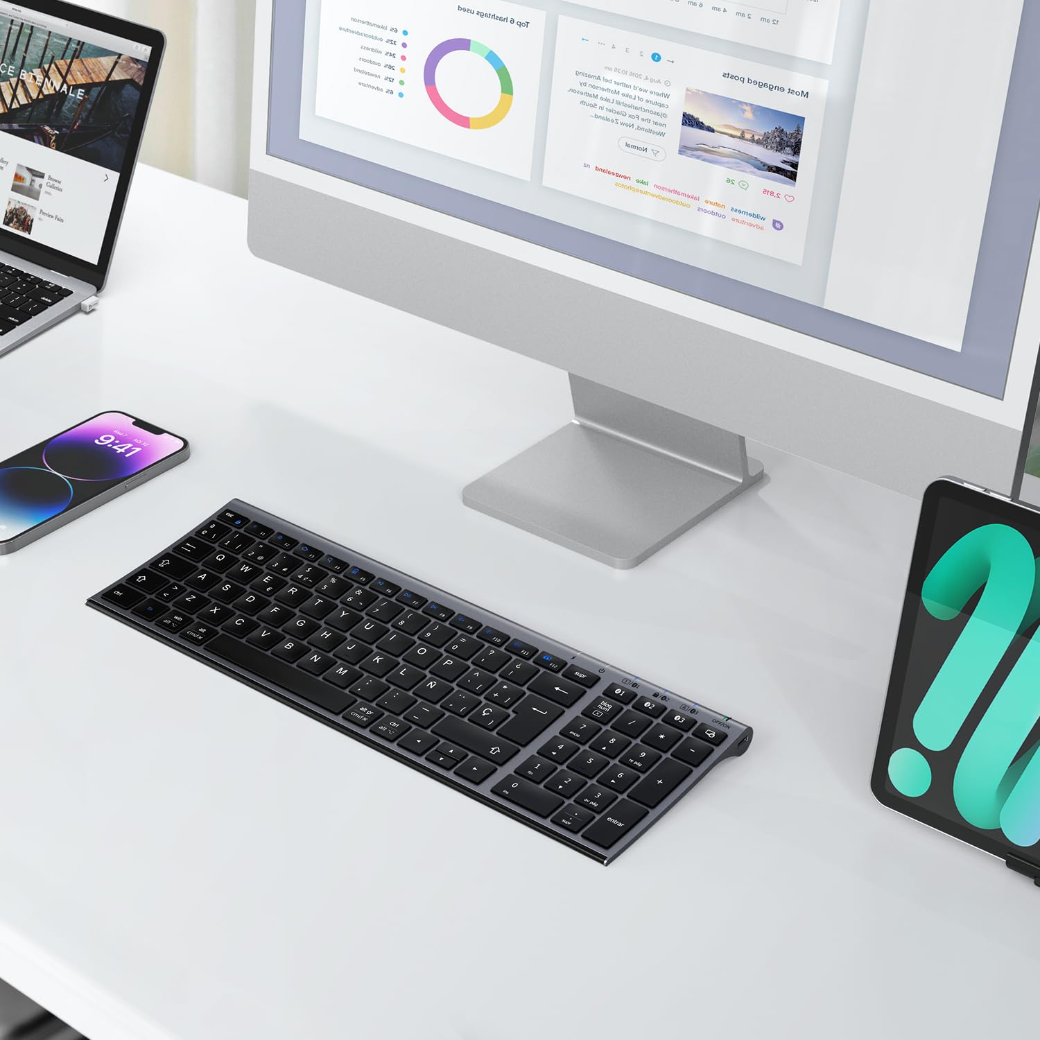 iClever Teclado Bluetooth BK10, Inalámbrico QWERTY Español Teclado Multi Dispositivo Recargable Diseño Ergonómico Tamaño Completo Conexión Estable Teclado para Mac/iPad/Windows grisáceo