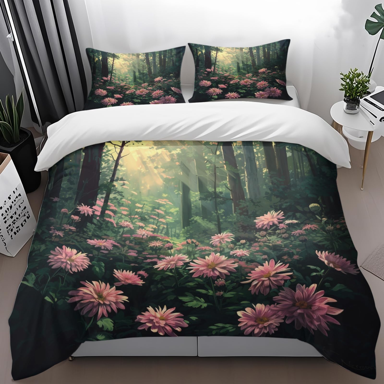 Housse de Couette 240 x 260 Fleur Rose en Microfibre avec 2 Taies d'Oreiller